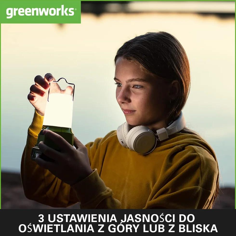 Greenworks G24LA500 Akumulatorowa Latarnia i Lampa Kempingowa z Hakiem do Zawieszania, 500 Lumenów, 3 Ustawienia Jasności, Gniazda USB i Typu C BEZ Akumulatora 24V i Ładowarki, 3 Lata Gwarancji