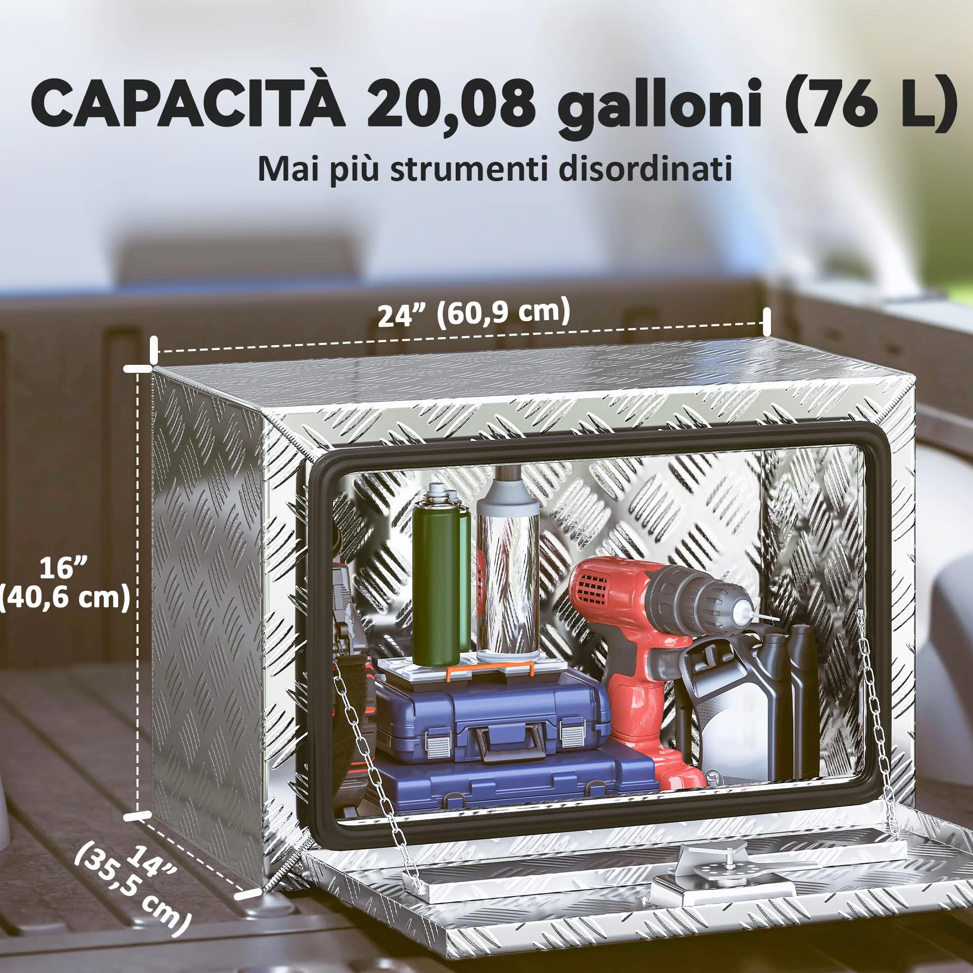 HOMCOM Aluminiowa skrzynka narzędziowa do ciężarówki, 60 x 35,5 x 40 cm, 76 l, diamentowa tekstura, zamek i klucze, składana pokrywa, do przyczepy, przyczepy kempingowej, srebrna