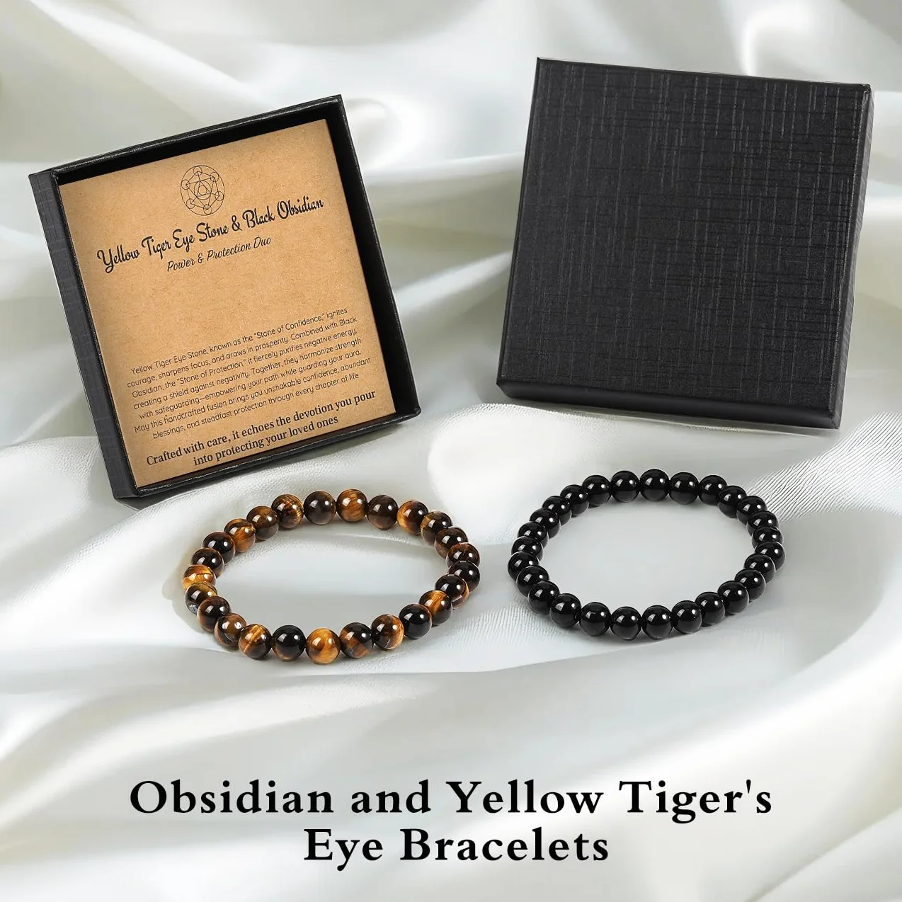 Emibele Crystal Bracelet, Obsidian Tigers Eye 8mm Round Bead Healing Jewelry for Positive Energy Anxiety, Gifts for Women Men Black Yellow