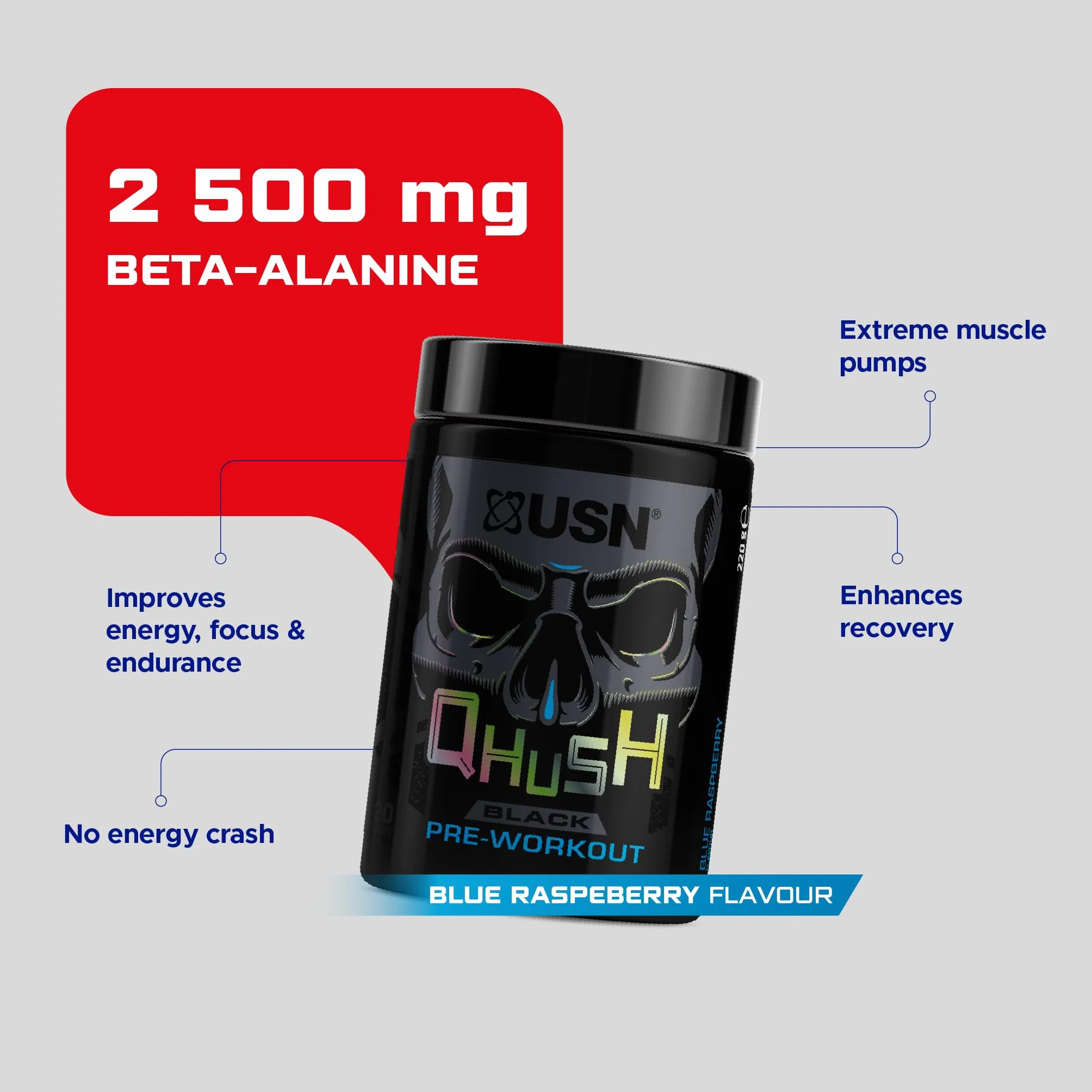 USN QHUSH Pre-Workout Blue Raspberry 20 Serv