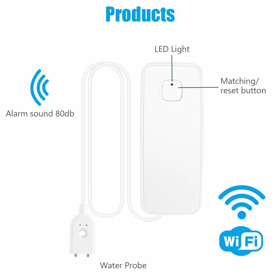 Flintronic Detektor wycieku wody Wi-Fi, inteligentny czujnik wycieku wody, alarm wody 80 dB z kablem wykrywającym 1 m, zdalne monitorowanie aplikacji, zasilanie baterią AAA, do kuchni, piwnicy,