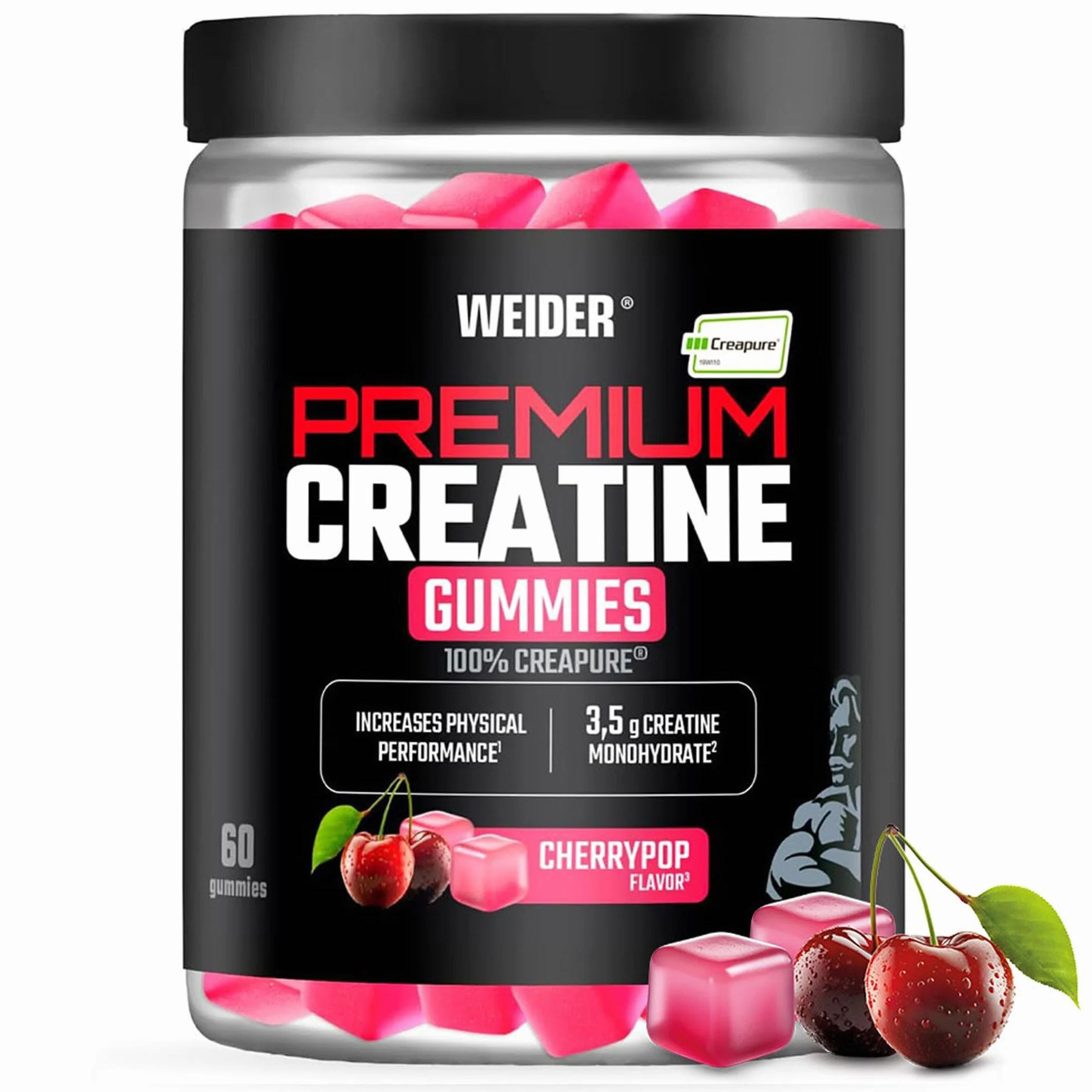 Weider Premium Creatine Gummies (60 żelek) o smaku wiśni, zawierające 3,5 g kreatyny monohydrat 100% Creapure na porcję, wspierają zwiększenie wydolności fizycznej (20 porcji)