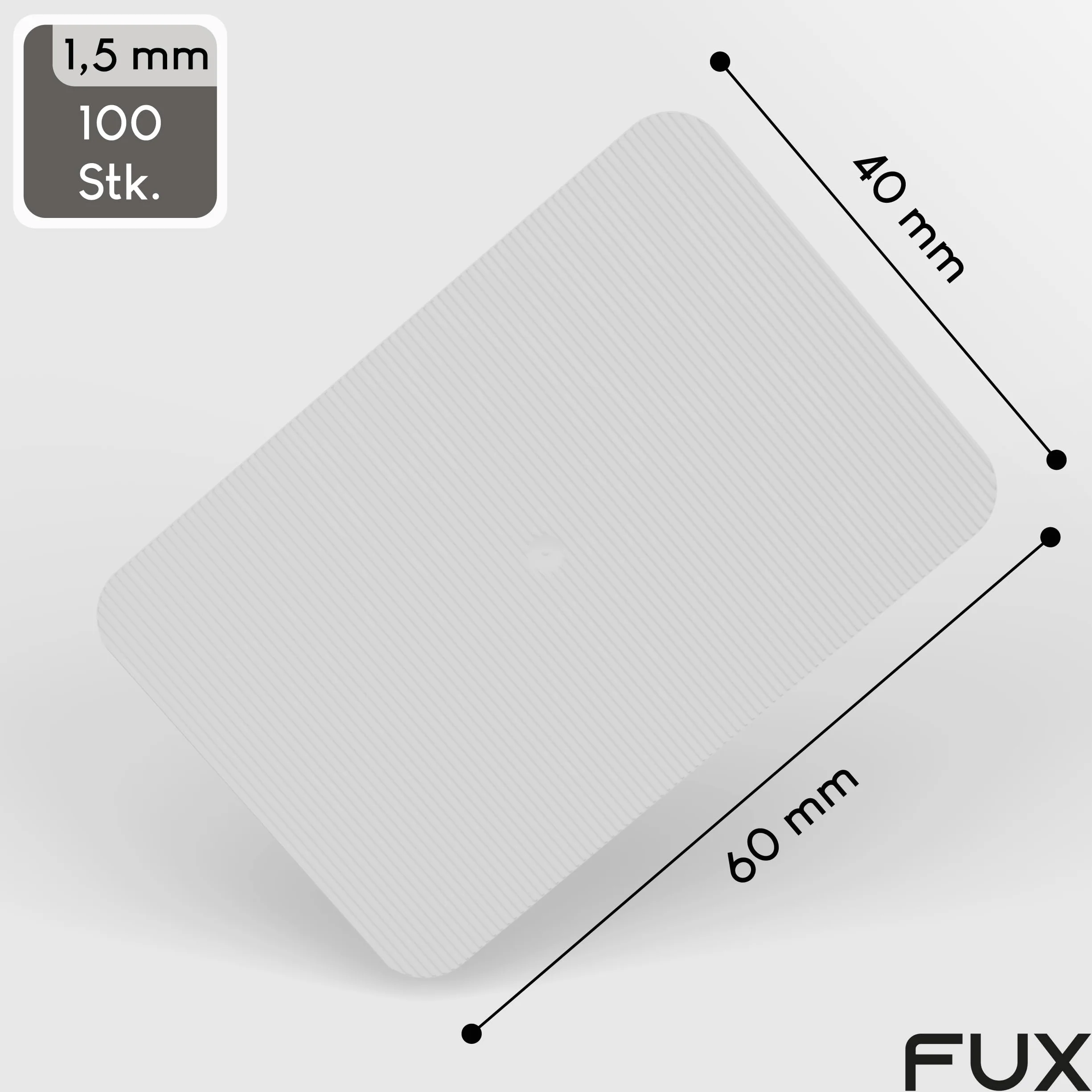 FUX 100 sztuk podkładek dystansowych z tworzywa sztucznego, 60 x 40 x 1,5 mm, klocki do szyby, podkładki dystansowe, płytki z tworzywa sztucznego, płytki wyrównujące, kliny okienne (grubość: 1,5 mm)