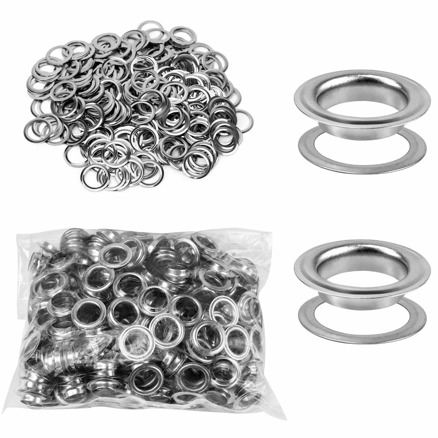 QWORK Zestaw narzędzi do przelotek, 500 sztuk oczek przelotek i 500 sztuk podkładek do oczek, 10 mm (3/8 cala), srebrny, do butów, odzieży, plandek z tkaniny skórzanej, washer self backing