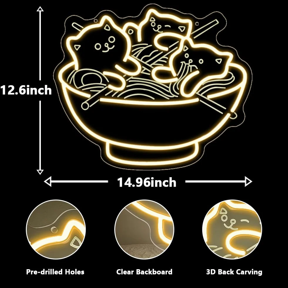 Światła LED z motywem kota, ramen, kawaii, anime, podświetlany znak do restauracji, domu, baru, kuchni, sypialni, japońskiego sklepu, makaronu, ściemniany, neonowy, prezent dla miłośników kotów