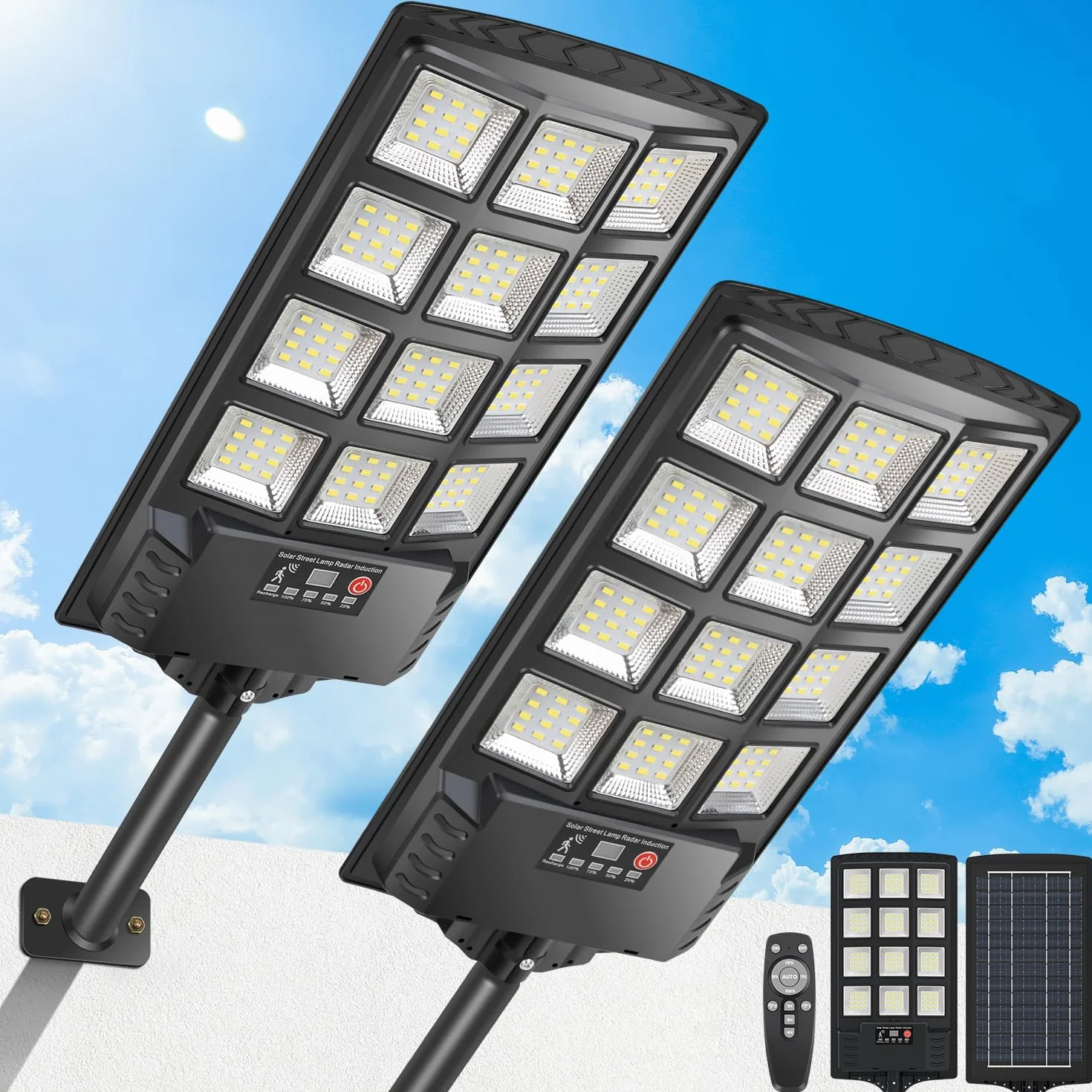 Zewnętrzny czujnik ruchu lampy słonecznej, 144 diody LED 6000K światła słoneczne ogród od zmierzchu do świtu wodoodporny IP67 z pilotem, regulowana jasność zewnętrzna lampa solarna (2)