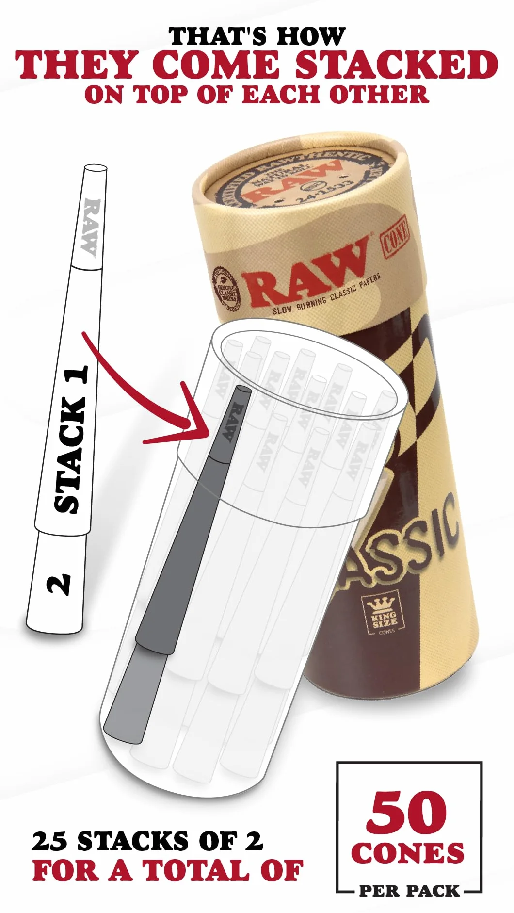 RAW Stożki Classic King Size, 50 sztuk, naturalny wstępnie zwinięty papier do ciasta z końcówkami i patyczkami do pakowania w zestawie