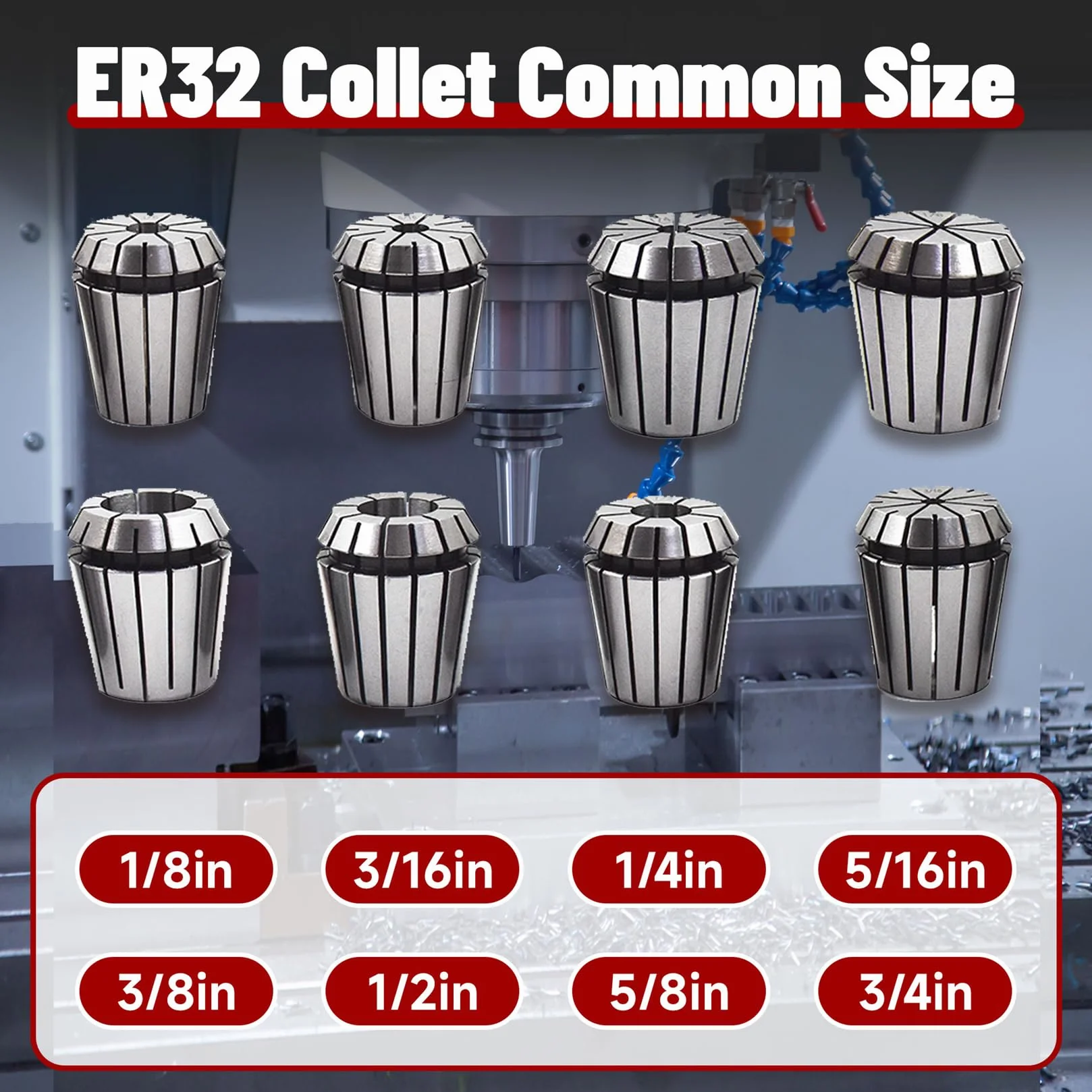 8 szt. tulei zaciskowej ER32 o standardowych rozmiarach: 1/8", 3/16", 1/4", 5/16", 3/8", 1/2", 5/8", 3/4" pasujące do grawerki CNC