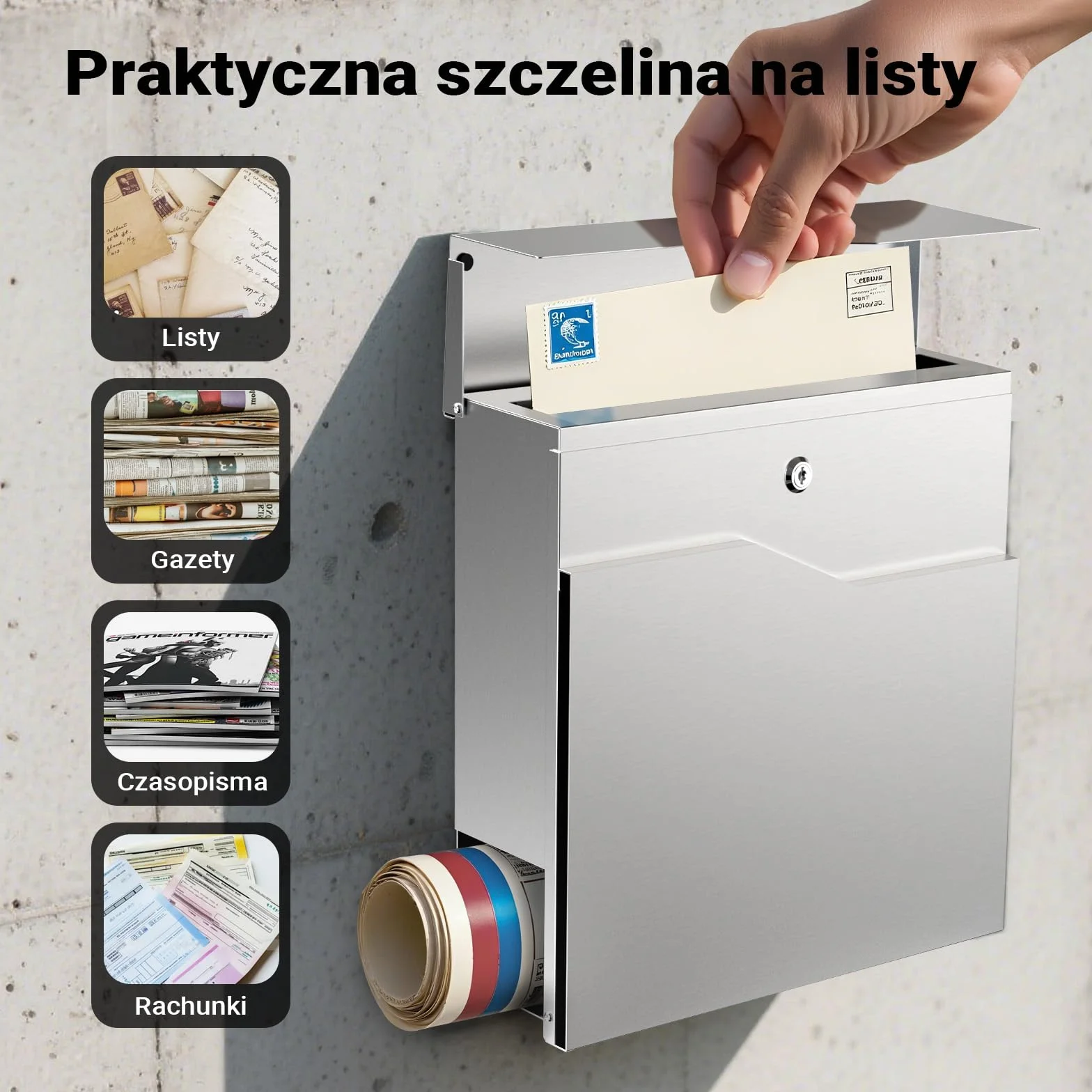 Wiltec Skrzynka na listy stal nierdzewna V19 z ukrytym zamkiem, nowoczesna skrzynka pocztowa do montażu na ścianie i stojaku, miejsce na gazety