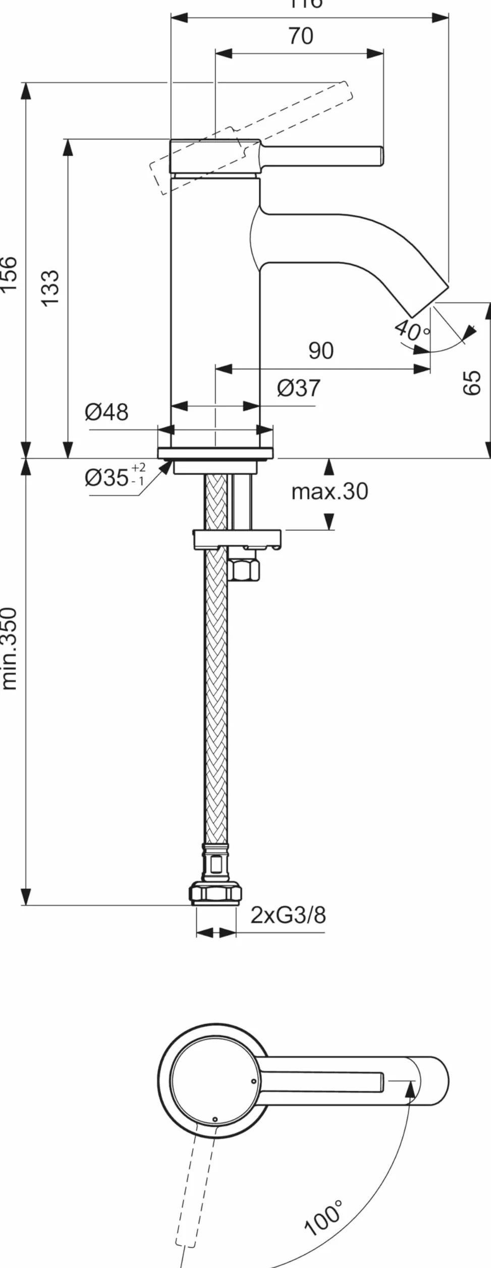 Ideal Standard Ceraline bateria jednouchwytowa mała, kompaktowa bateria umywalkowa z wkładem FirmaFlow, bez pręta i uchwytu Easyfix, chromowana