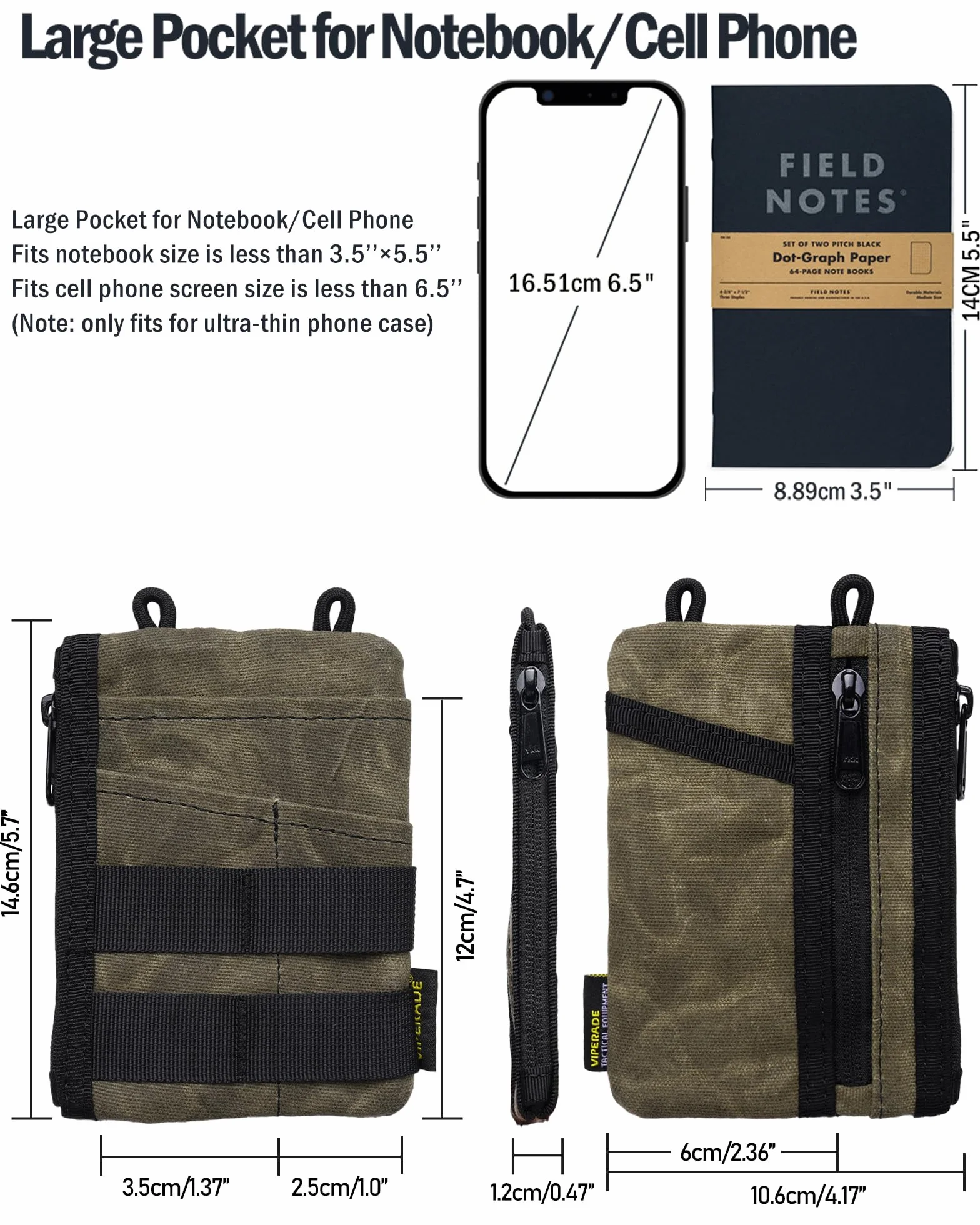 VIPERADE VE18N-OW smukła torba EDC z woskowanego płótna, minimalistyczny portfel dla mężczyzn, organizer EDC na multitool (Zielony)