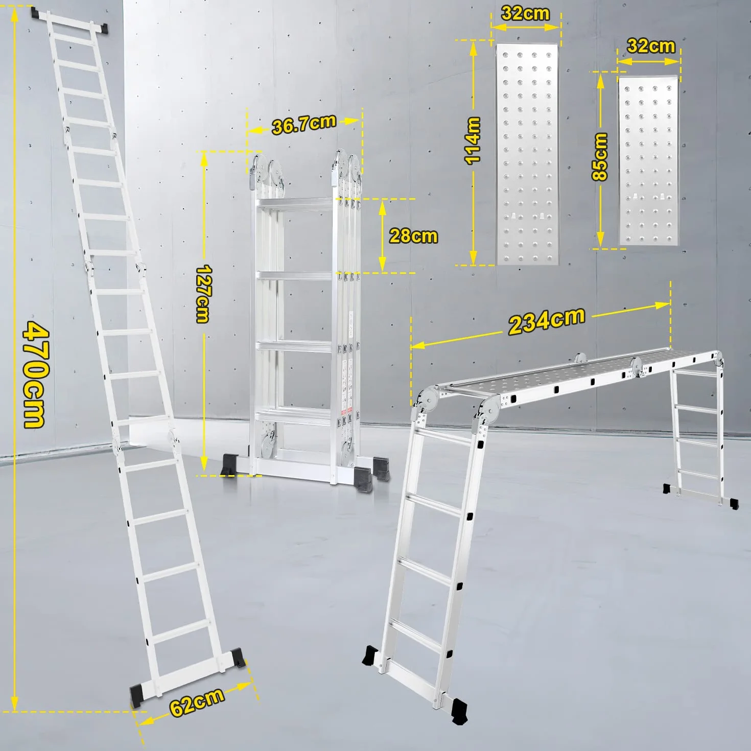 Herrselsam Wielofunkcyjna drabina 4 x 4, 7 w 1, 470 cm, aluminiowa, z 2 platformami i kółkami, maksymalne obciążenie 150 kg, drabina wielofunkcyjna 16 szczebli (DY8972-M-1x)