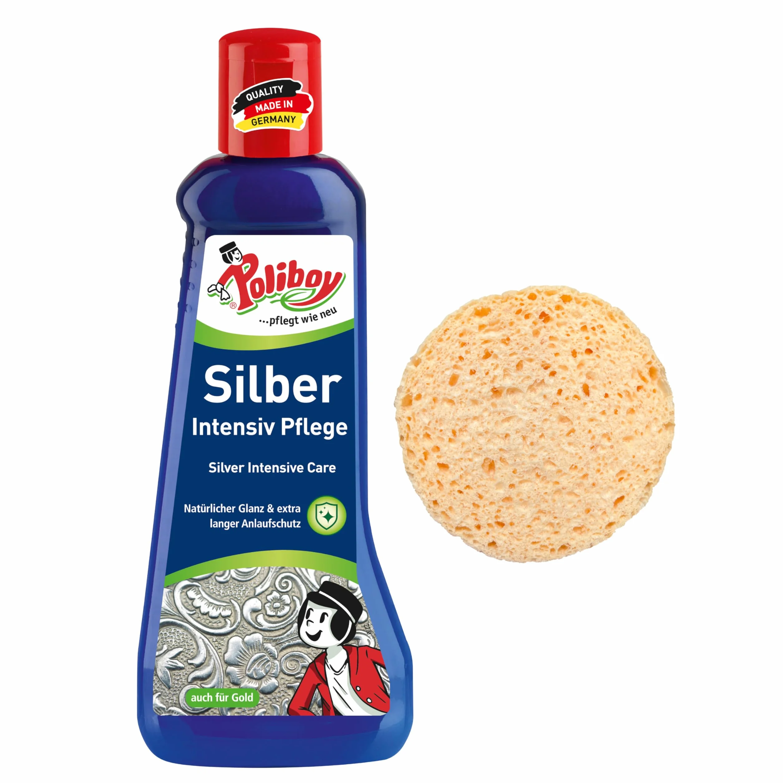 POLIBOY Intensywna pielęgnacja srebra – Delikatny środek polerujący do biżuterii ze srebra – 1x 200 ml – Z gąbką – Produkt niemiecki