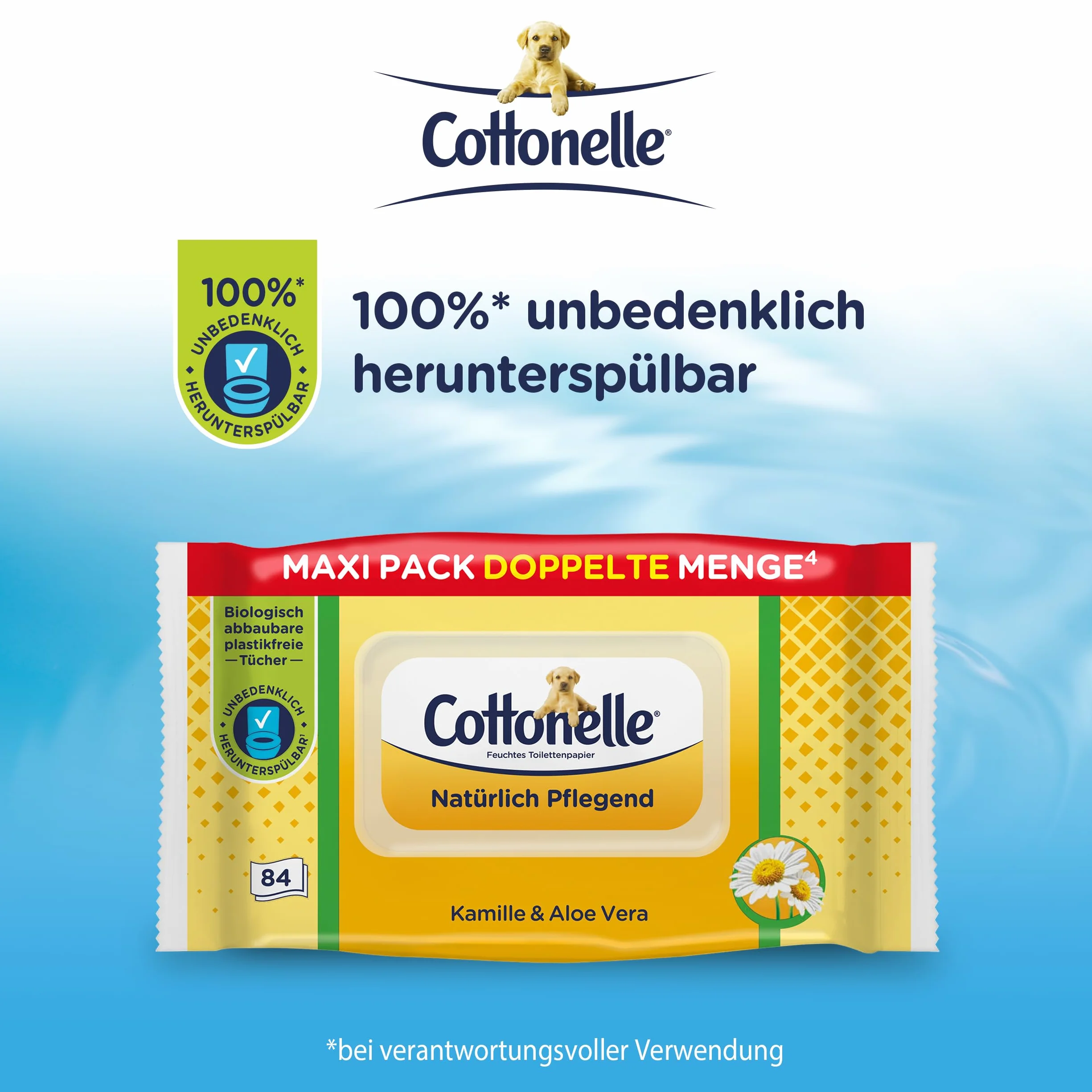 Cottonelle Wilgotny papier toaletowy, naturalnie pielęgnujący – rumianek i aloes, biodegradowalny, nie zawiera plastiku, możliwość ponownego zamknięcia, 1 x 84 chusteczki nawilżane (pojedyncze