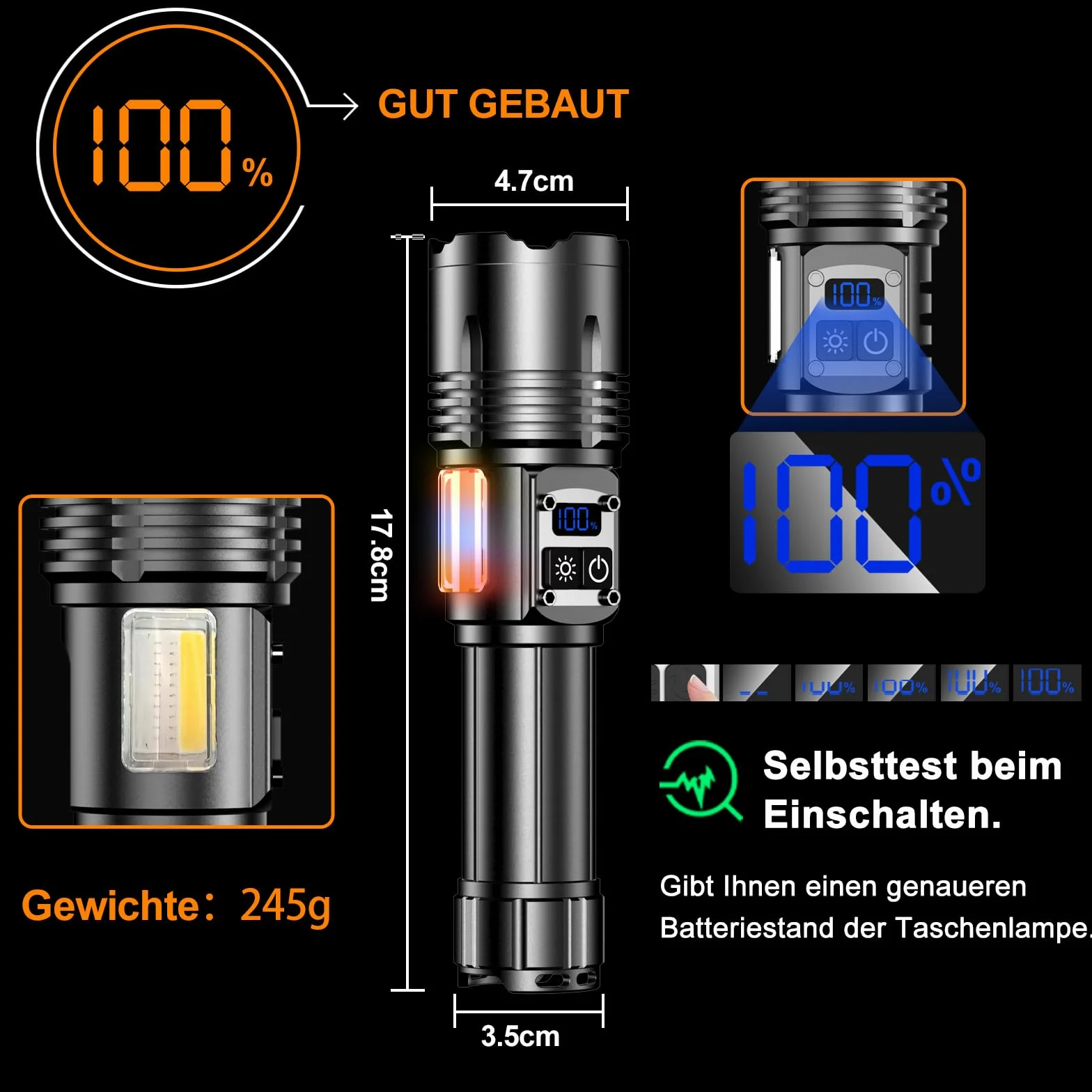 Relybo Latarka LED 1000000 lumenów, ładowalne latarki LED o dużej mocy, 9 trybów, boczne światło COB, latarka taktyczna wojskowa do biwakowania i sytuacji awaryjnych