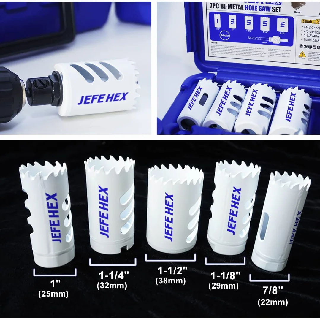 JEFE HEX Zestaw otwornic bi-metalowych, 7-częściowy zestaw otwornic 7/20.3 cm, 2.5 cm, 1-1/20.3 cm, 1-1/20.3 cm, 1-1/10.2 cm i 1-1/5.1 cm otwornica z trzpieniami do metalu, drewna, tworzywa