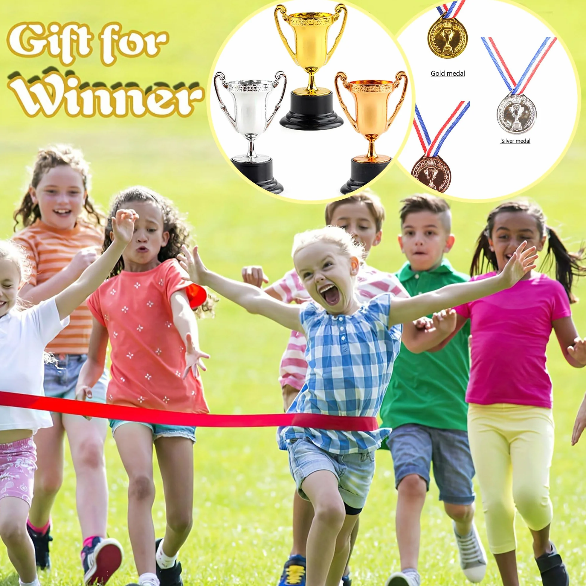 6-częściowy zestaw medali trofea złote mini trofea zwycięzca medale plastikowe trofeum mini złote trofea odpowiednie na przyjęcia urodzinowe, imprezy sportowe do szkoły