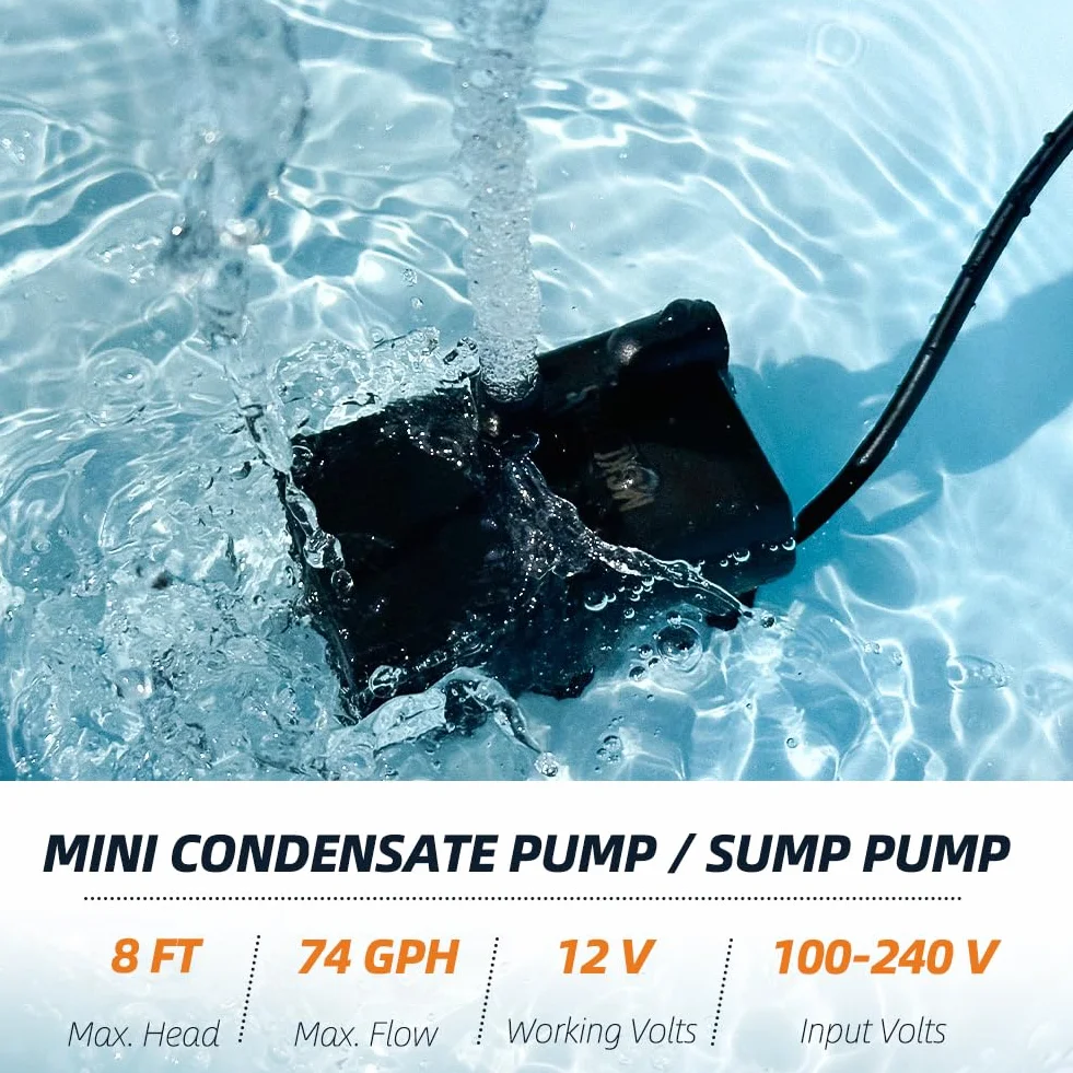 Mała automatyczna pompa zęzowa z czujnikiem wody, podnoszenie 2,5 m, 280 l/h z wężem 1,8 m, mini pompa kondensacyjna 115/230 V do osuszacza powietrza