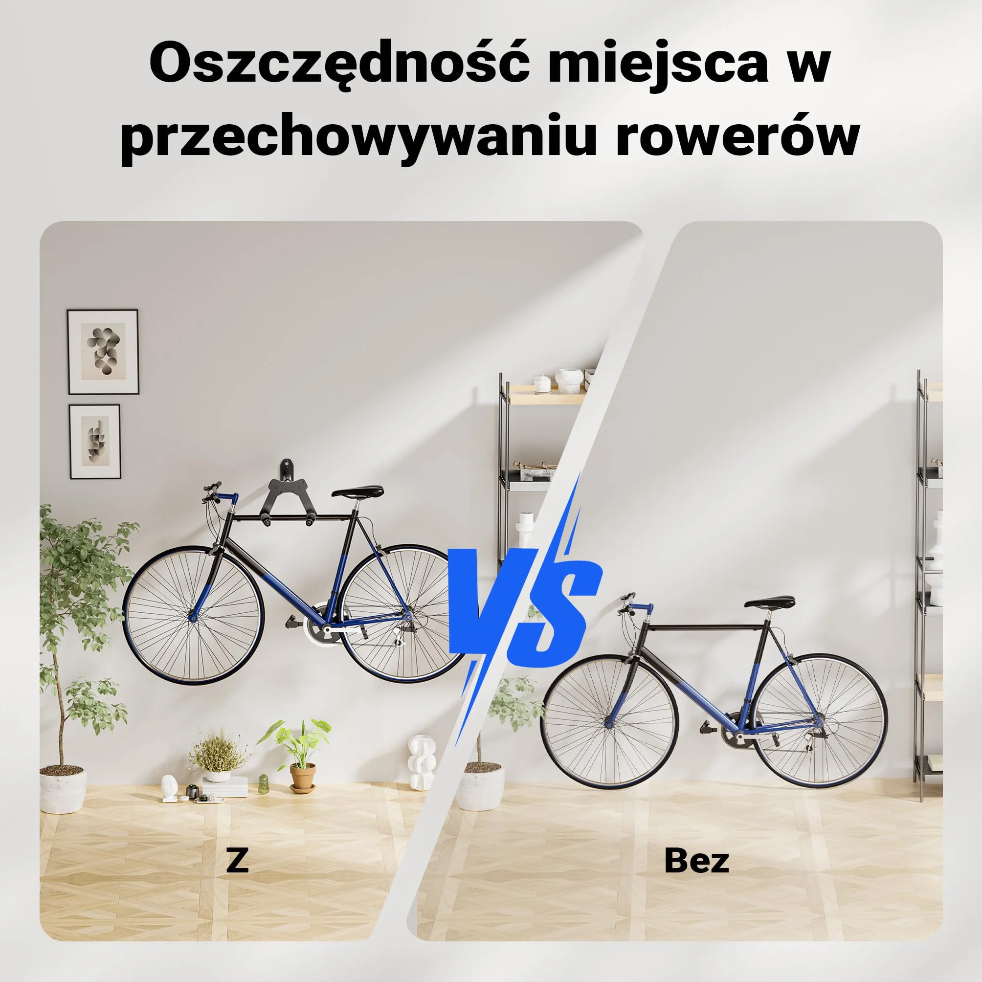 Wiltec Uchwyt naścienny na rower, z regulowaną szerokością do kierownicy maks. 77 cm, ze stali, wieszak rowerowy do 25 kg nośności z paskiem na koło