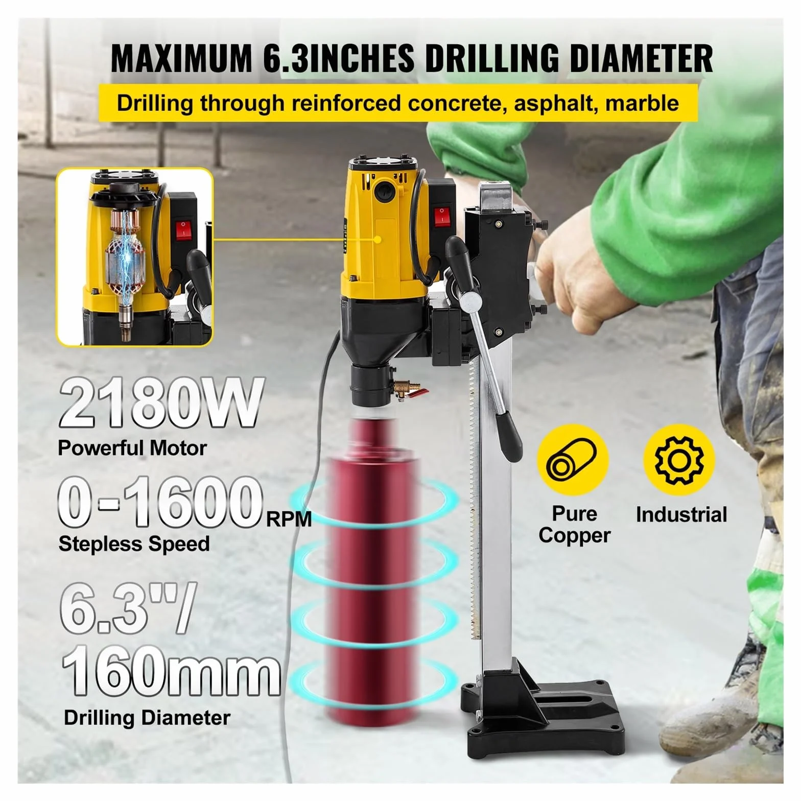 2180W diamentowa wiertnica rdzeniowa 160mm 180mm wiertła ręczna/stojak przemysłowa mokra elektryczna wiertarka do betonu Stabilna Paca(160mm)