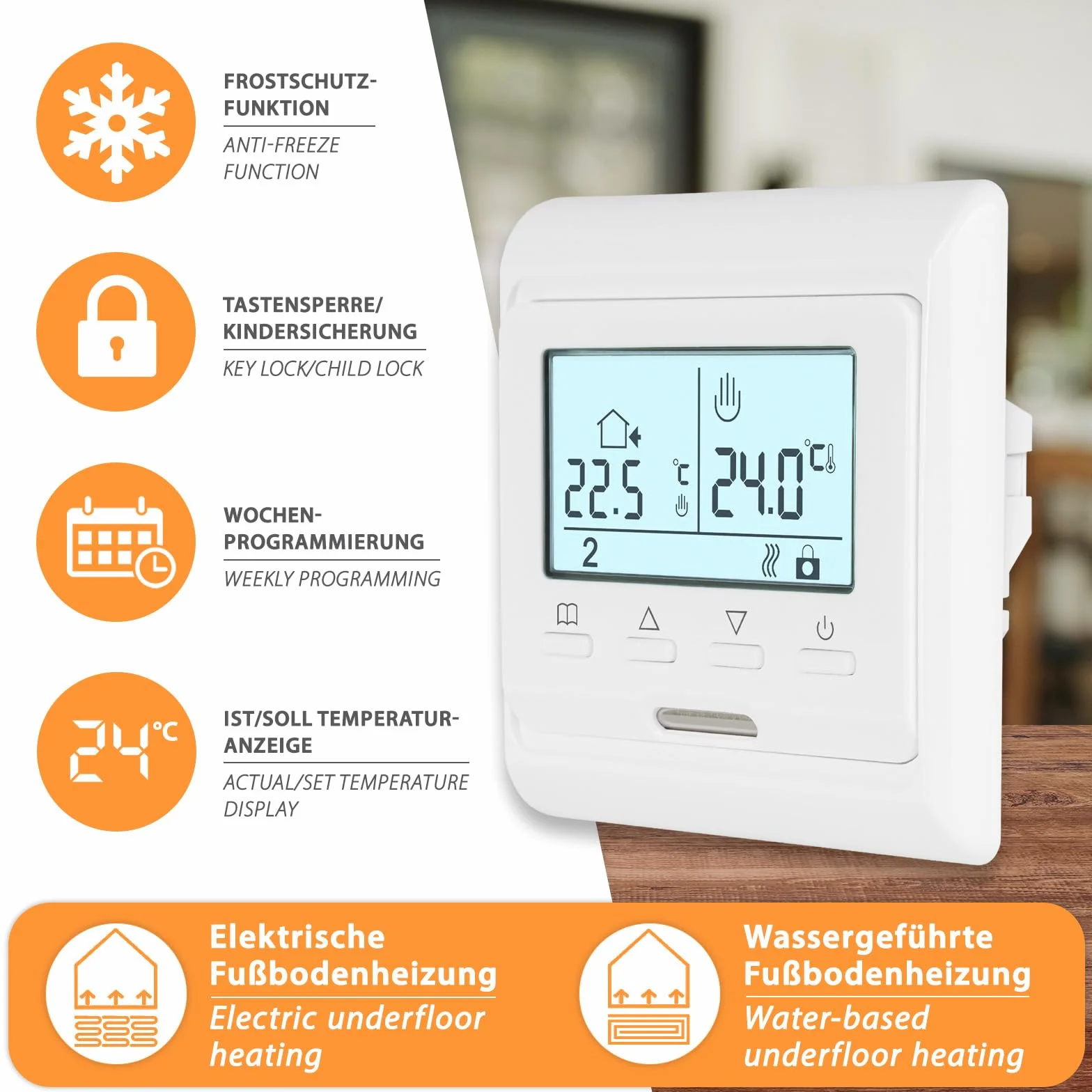 E51 cyfrowy termostat do pomieszczeń z czujnikiem podłogi, podświetlany wyświetlacz, 7-dniowy program tygodniowy do elektrycznego ogrzewania podłogowego i siłowników NC