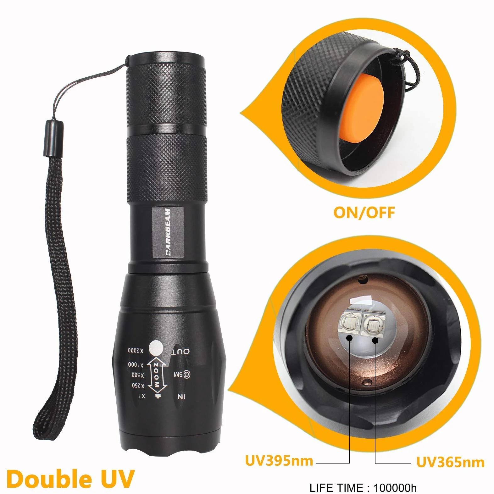 DARKBEAM Latarka UV 365nm 395nm Akumulatorowa Wood's Lamp Blacklight Mini LED Detektor Moczu Zwierząt Bursztyn Żywica 1 Szt