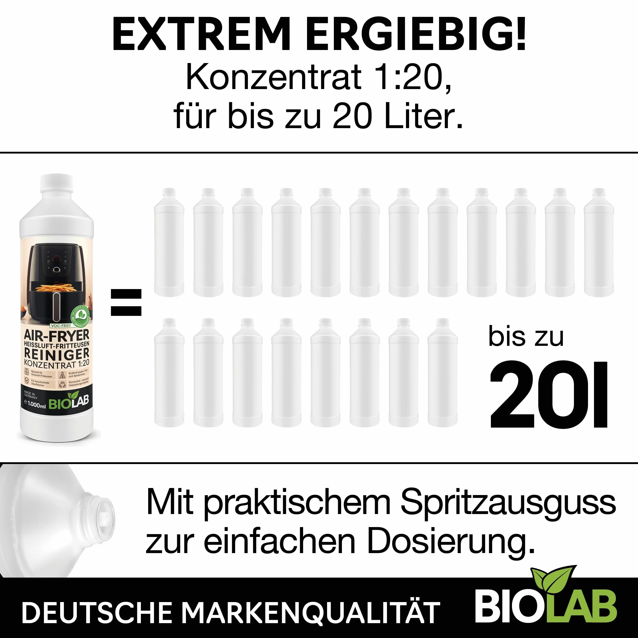 BIOLAB Airfryer środek czyszczący w sprayu (750 ml) i koncentrat do czyszczenia (1000 ml), mocny środek do usuwania tłuszczu do frytkownicy Air Fryer i frytkownicy na gorące powietrze – usuwa