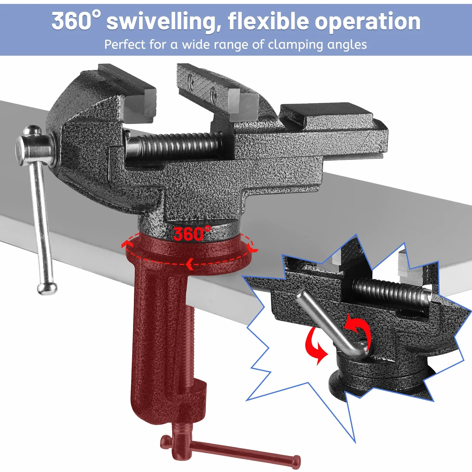 SWAWIS Zaciskane Imadło, Szerokość Szczęki: 75 mm, Imadło Obracane o 360°, Może być Używane do Mocowania Elementów Drewnianych i Metalowych, Czarny
