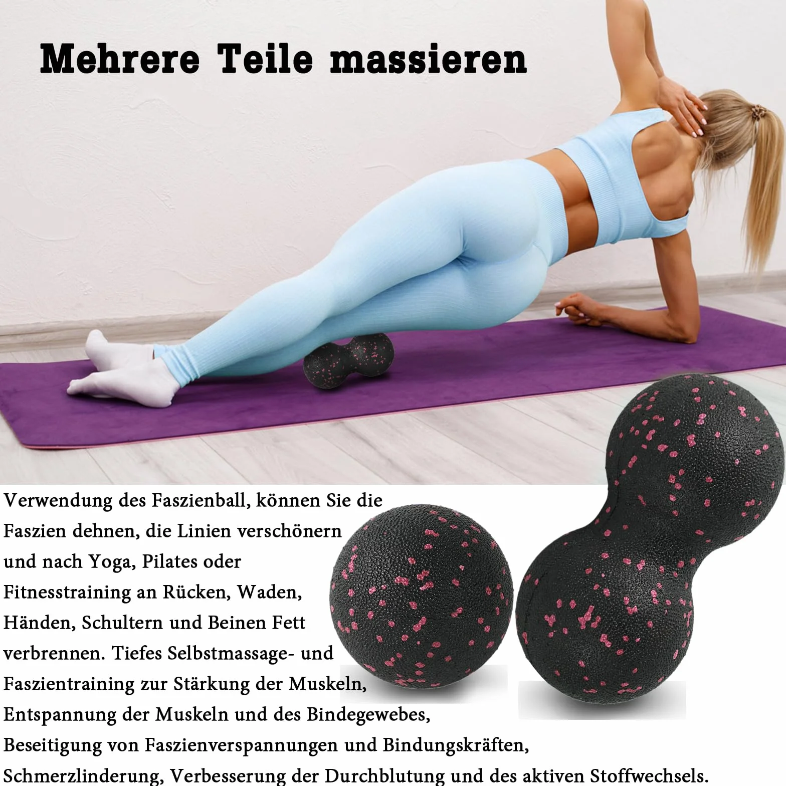 Piłka do samodzielnego masażu, Blackball, podwójna piłka, mała piłka do masażu, z orzeszków ziemnych, piłka do masażu powięzi, rolka mięśni kręgosłupa, akupresura, zapalenie powięzi podeszwowej, refleksologia (różowa)