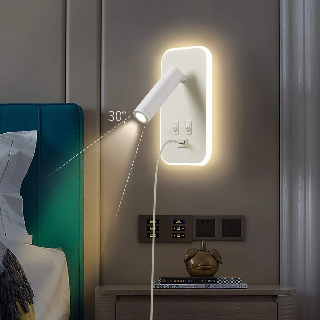 LED Kinkiet, z Przełącznikiem, z portem ładowania USB, 350°Obrotowa Lampka Nocna Nowoczesna Lampa do Czytania Lampa Ścienna Ciepłe Białe Światło 3W 3100K+9W 6000K do sypialni, nauka (Biały)