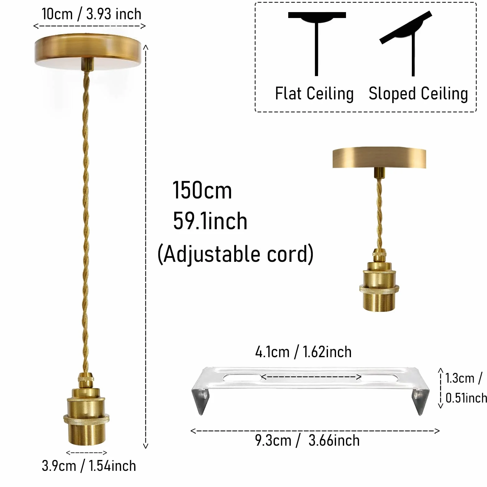 Oprawa lampy E27 z kablem 150 cm Vintage lampa wisząca złota | Metalowe zawieszenie lampy z pierścieniem śrubowym, kabel tekstylny, "zrób to sam", lampa wisząca do kuchni, bez żarówki