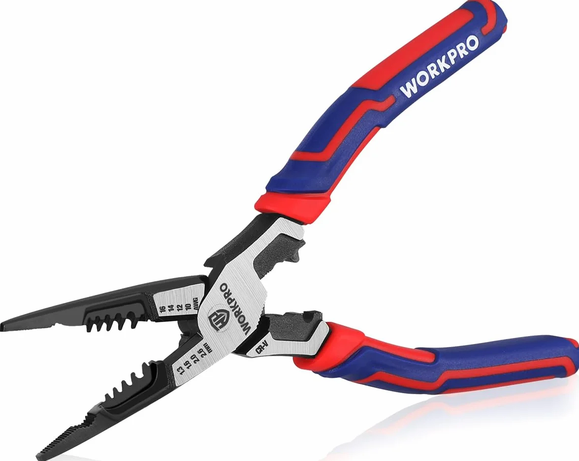WORKPRO Szczypce wąskie, 7 w 1, ściągacz izolacji, obcinacz, zaciskarka, klucz, długie, 200 mm, do przewodów, 16–10 AWG (1,3–2,6 mm), wielofunkcyjne, Cr-V, dla elektryków