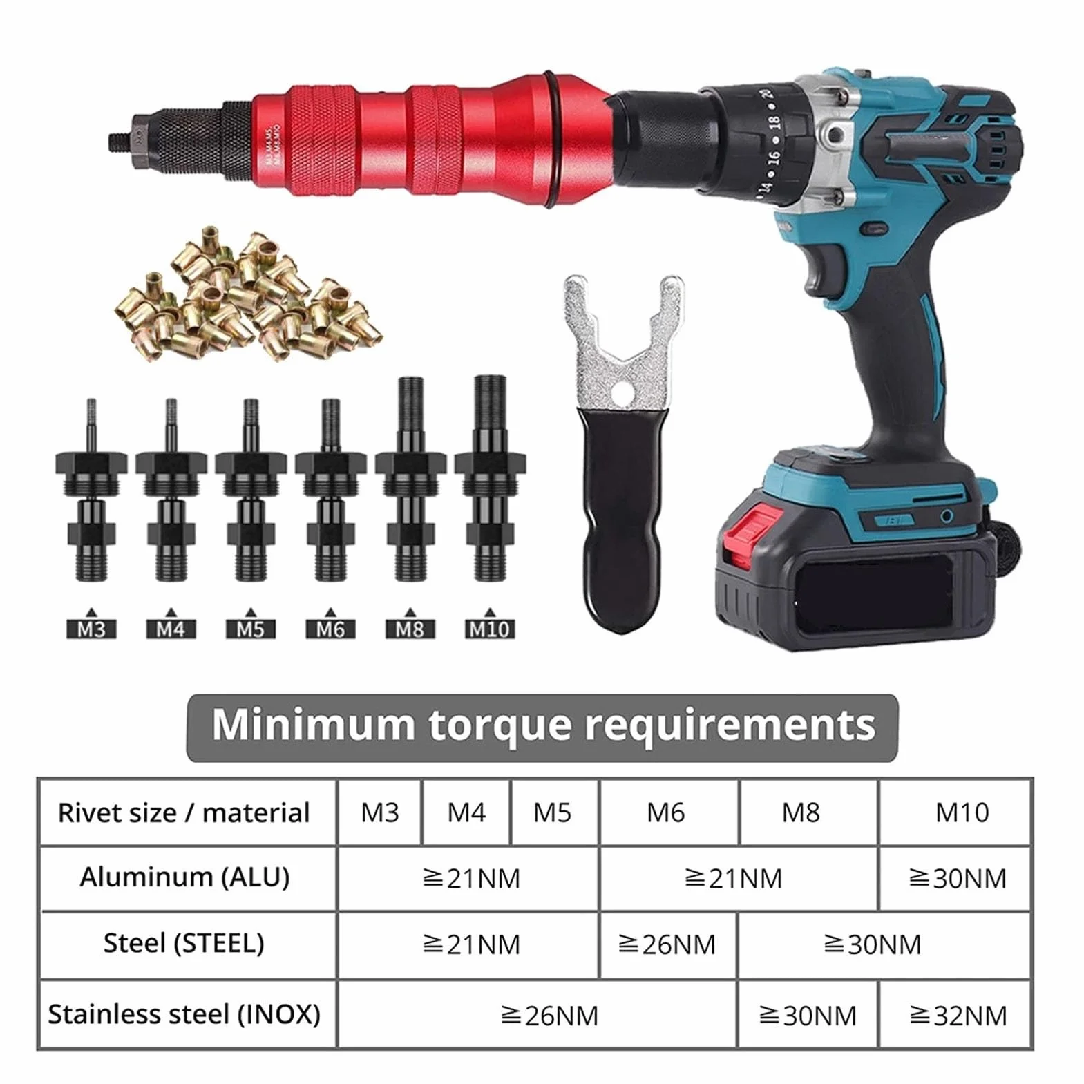 Zestaw Adaptera do Wiertarki do Nitonakrętek, Elektryczny Adapter do Nitonakrętek z 6 Wymiennymi Głowicami 150 Nakrętek do Montażu, Konserwacji, Aluminiowy materiał Konstrukcyjny