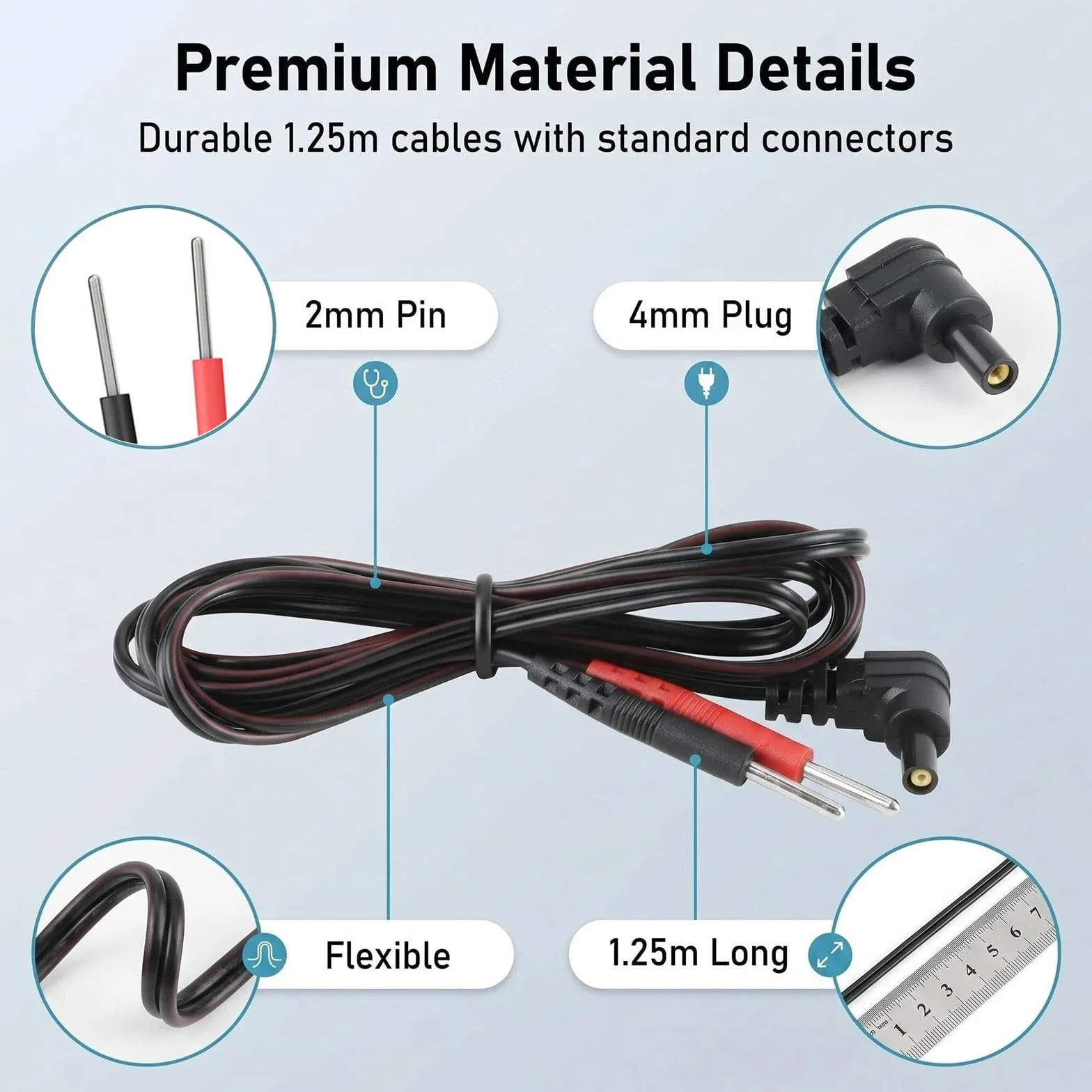TENS EMS 4-częściowy kabel wtykowy 2 mm, elastyczny kabel elektrodowy 1,25 m, do elektroterapii, stymulatorów mięśni i elektrostymulacji
