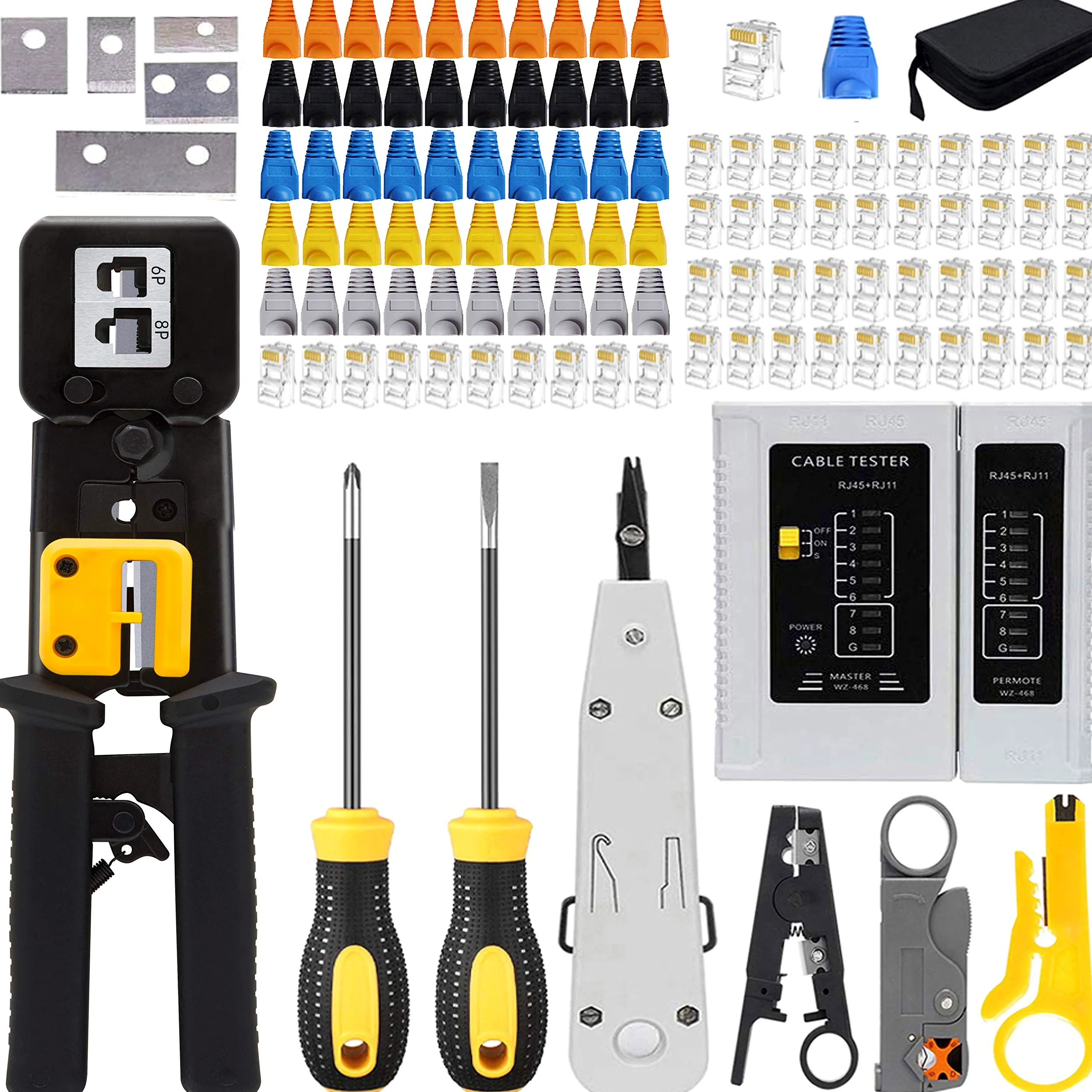 LEATBUY Cat5 Cat5e Cat6 zaciskarka zestaw RJ45 narzędzie do zaciskania, 50 x złącze krokowe RJ45 Cat6, 50 osłon, tester kabli sieciowych, frez do wiercenia drutu (czarny)