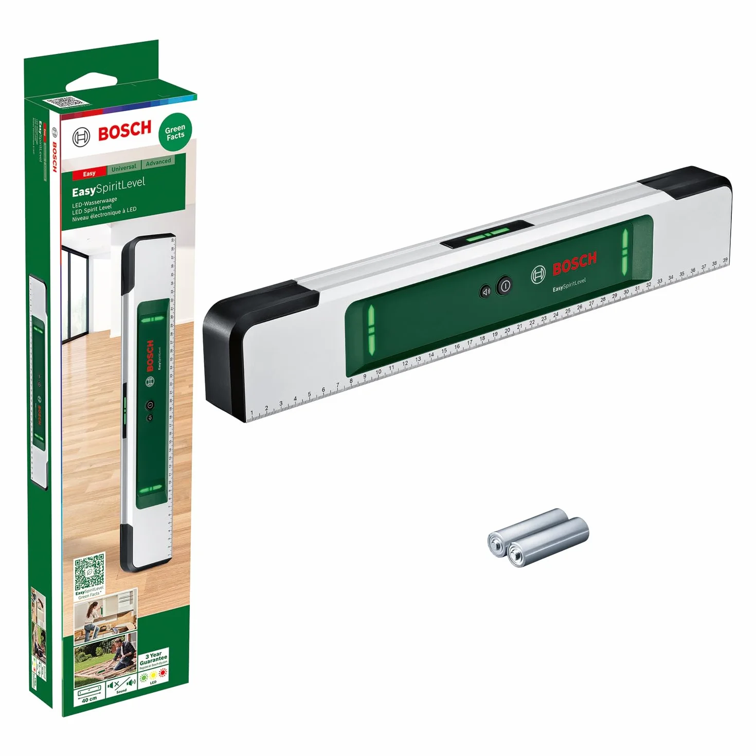 Poziomica Bosch EasySpiritLevel (intuicyjna koncepcja wskaźników LED, sygnał dźwiękowy, pomiar kątów +/– 3°, dokładność 0,1° dla kątów 0°, 90°, 180° i 270°, nadrukowana skala, opakowanie kartonowe)