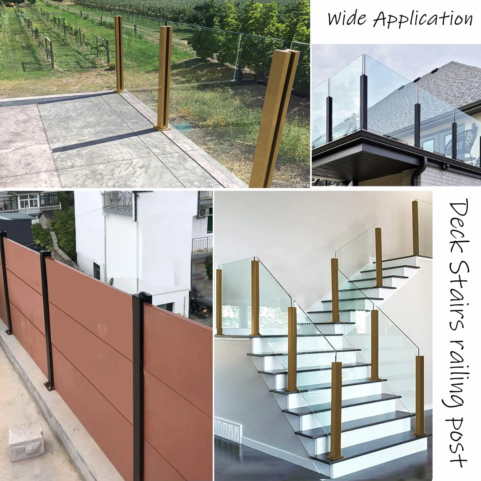 Złoty szklany słupek balustradowy na balkon i schody, 8-12 mm, wspornik panelu ze szkła hartowanego, kompatybilny z metalem/drewnem, wysokość 125 cm / 49.2in, elegancki design do użytku na zewnątrz
