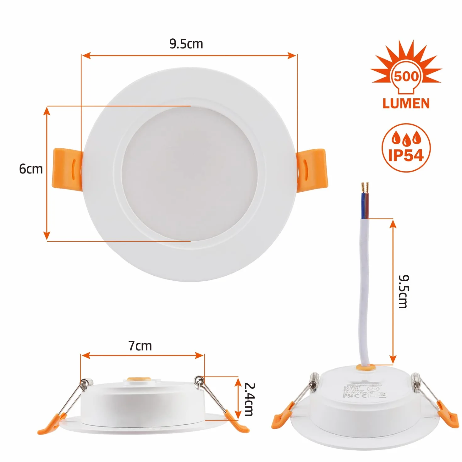 Reflektory LED wpuszczane 230 V płaski 5 W zestaw 6, DA LIGHT promienne światła, oświetlenie łazienkowe 3000/4000/6000K, sufit IP54 do salonu kuchni sypialni