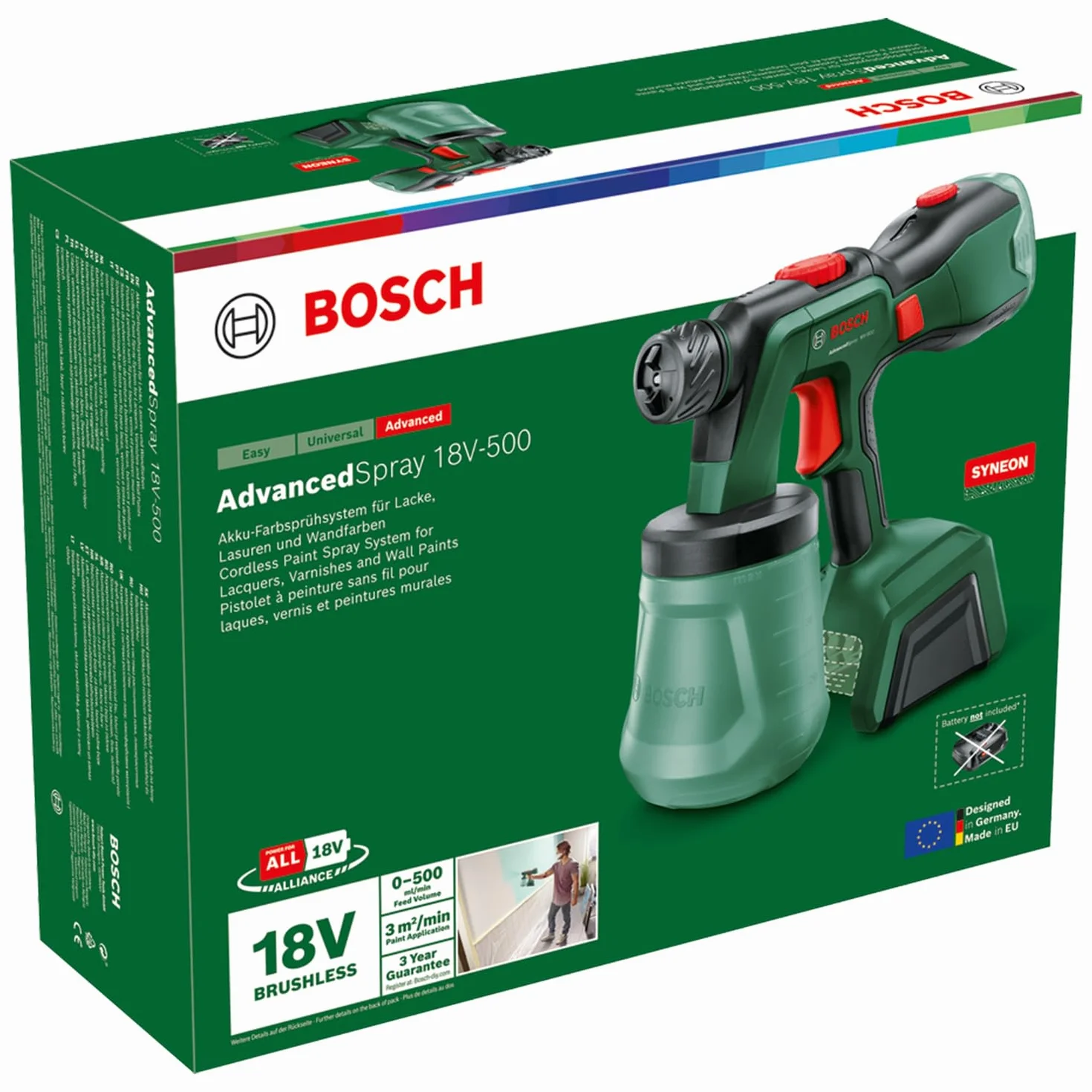 Bosch akumulatorowy pistolet natryskowy AdvancedSpray 18V-500 (do farb dyspersyjnych/lateksowych, lazur i lakierów, 3m²/min, 2 pojemniki 1 200 ml, system 18V, bez akum.)