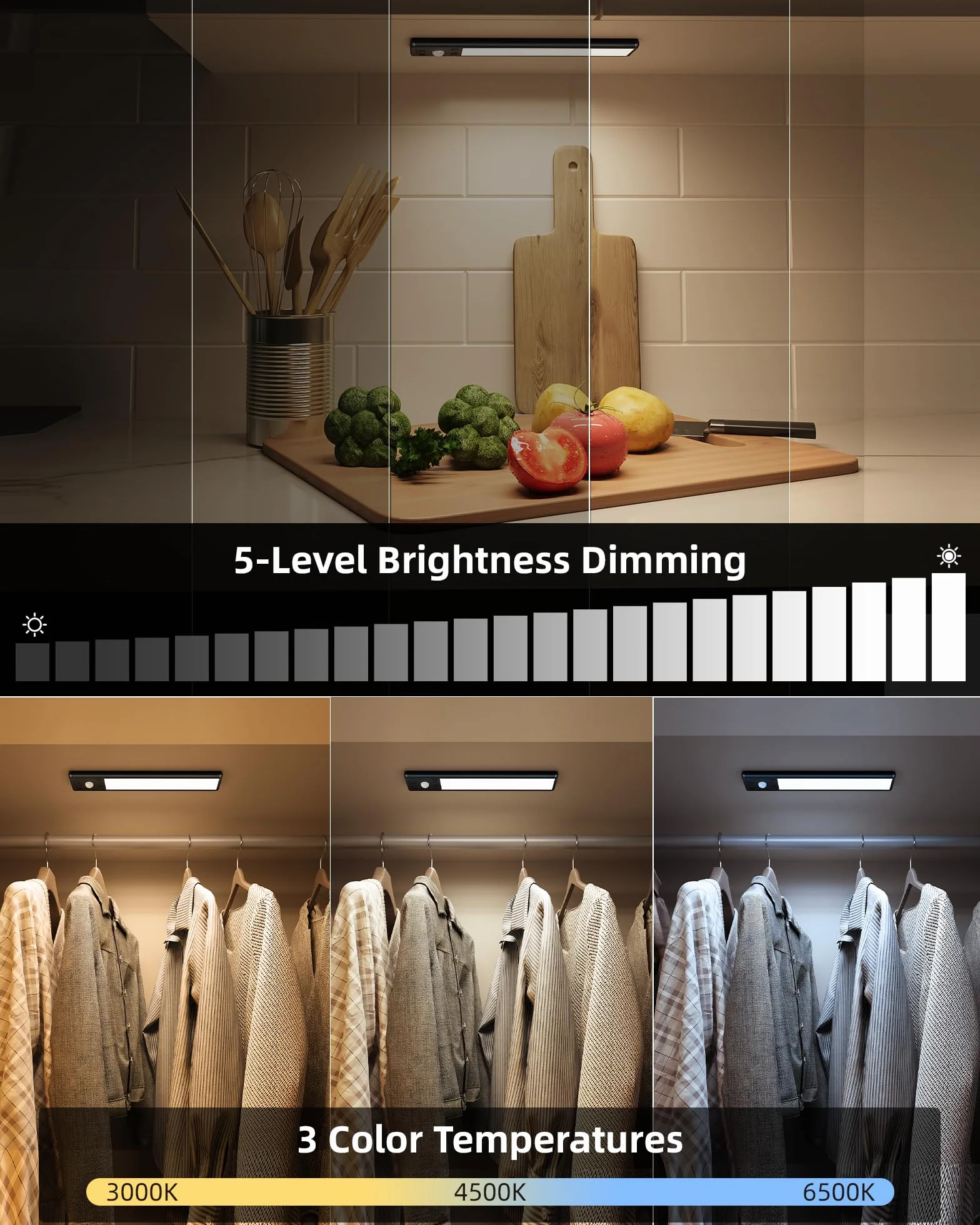EZVALO Oświetlenie szafki LED 20 cm, 62 diody LED, bezprzewodowe, z czujnikiem ruchu, 2400 mAh, ładowane, 3 tryby kolorów, możliwość ściemniania, oświetlenie szafy, kuchni, czarne (2 sztuki)