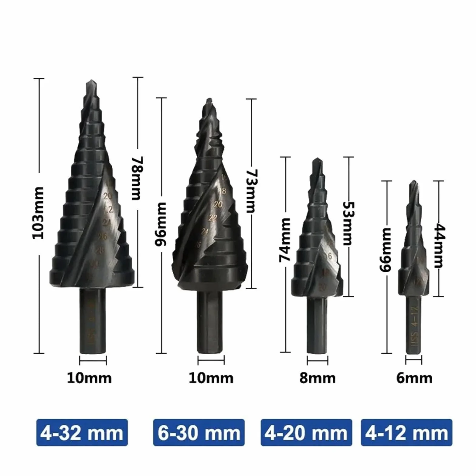 Wiertło stopniowe do metalu 4-12/20/32 mm, 6-30 mm, HSS, zestaw stożków kobaltowych, narzędzie do wiercenia otworów w drewnie/metalu(3pcs Set without bag)