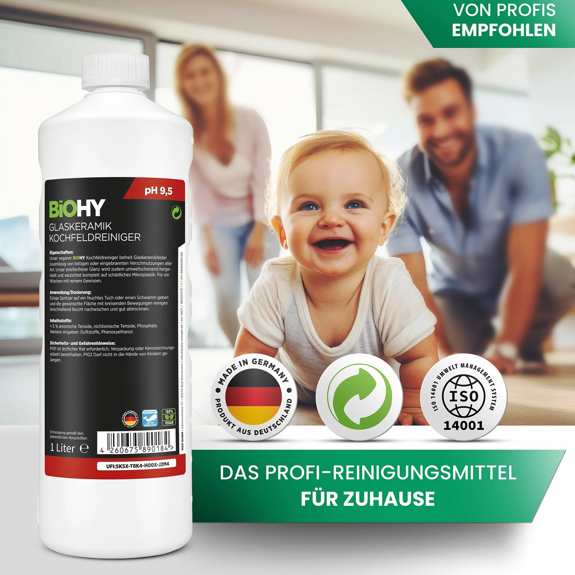 BiOHY Środek do czyszczenia płyt szklano-ceramicznych (butelka 1l) | Do czyszczenia i konserwacji płyty kuchennej i indukcyjnej | do WSZYSTKICH URZĄDZEŃ (Kochfeldreiniger)