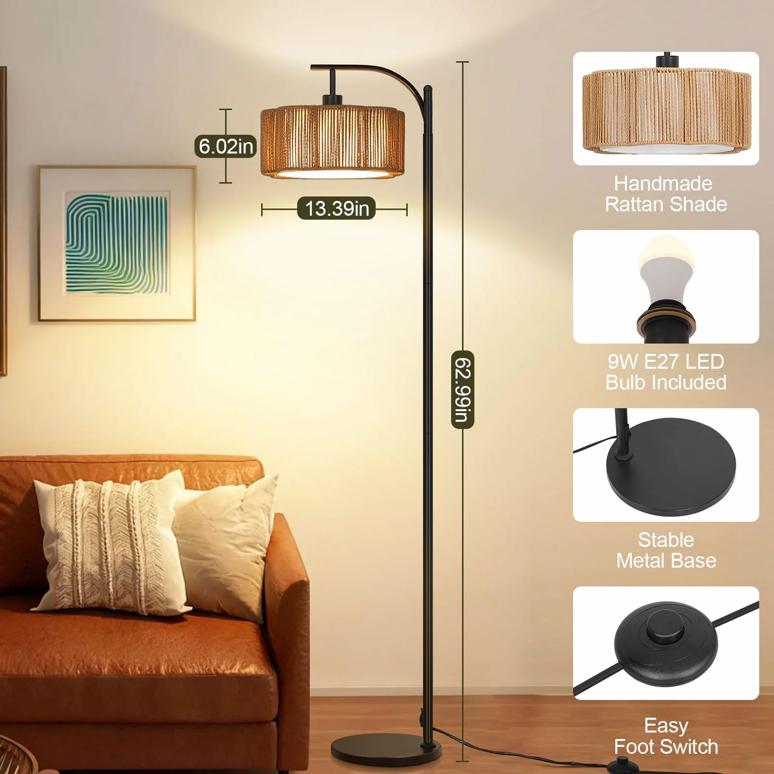 Lampa stojąca do salonu, rattanowa, RGB, ściemniana, lampa stojąca z pilotem zdalnego sterowania i sterowaniem za pomocą aplikacji, funkcja timera, DIY i tryb muzyki, E27 lampy stojące do