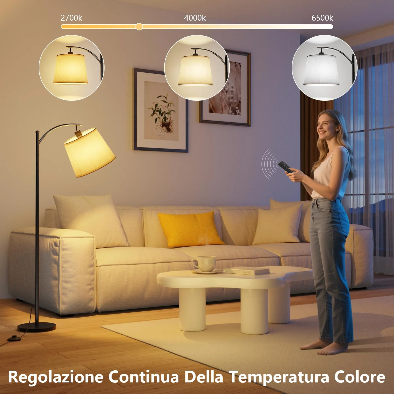 Lampa Podłogowa do Salonu, Lampa łukowa ze Zdalnym Sterowaniem, ściemnialna Lampapodlogowa z Przełącznikiem Nożnym, 3 Temperatury Barwowe, Odpowiednia do Salonu, Sypialni I biura
