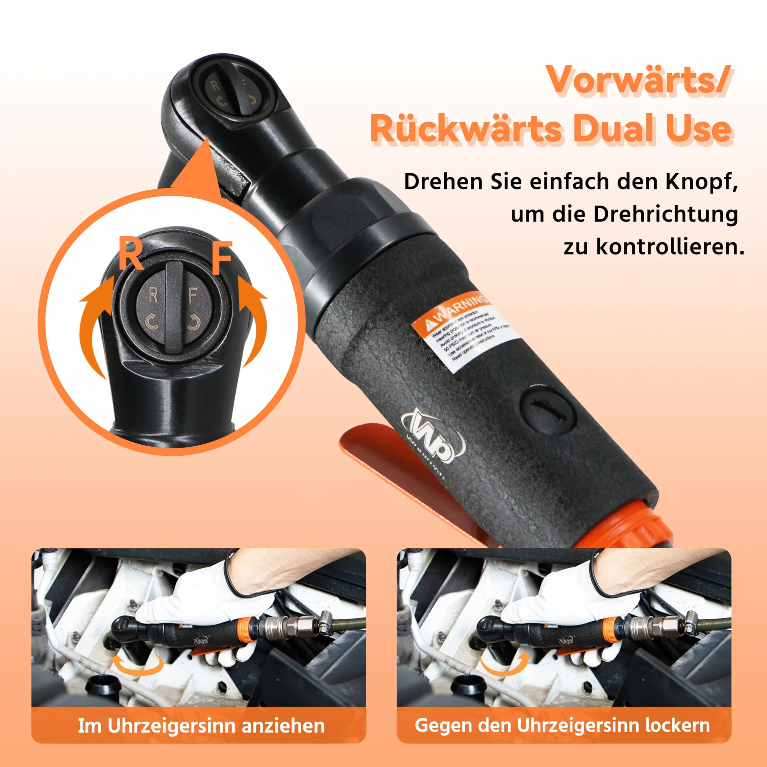 WORKPAD wkrętak pneumatyczny z grzechotką, 9,5 mm, 3/8", mini typ 180 mm, lekki, 650 g, maksymalny moment obrotowy 54 Nm, z zabezpieczeniem kulowym