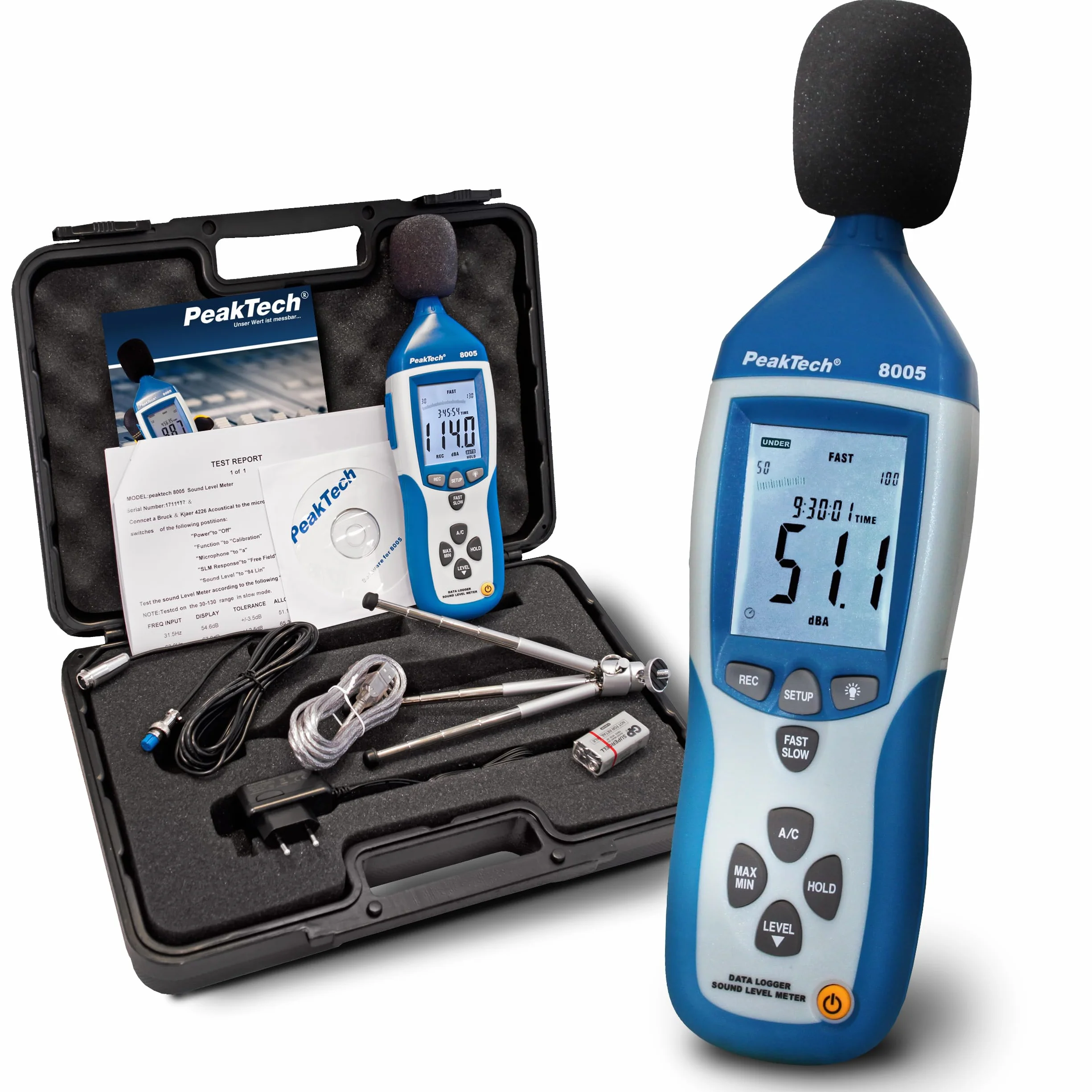 PeakTech P 8005 - Miernik poziomu dźwięku ~ 30 ... 130 dB A/C ~ z rejestratorem danych 32000 punktów i USB