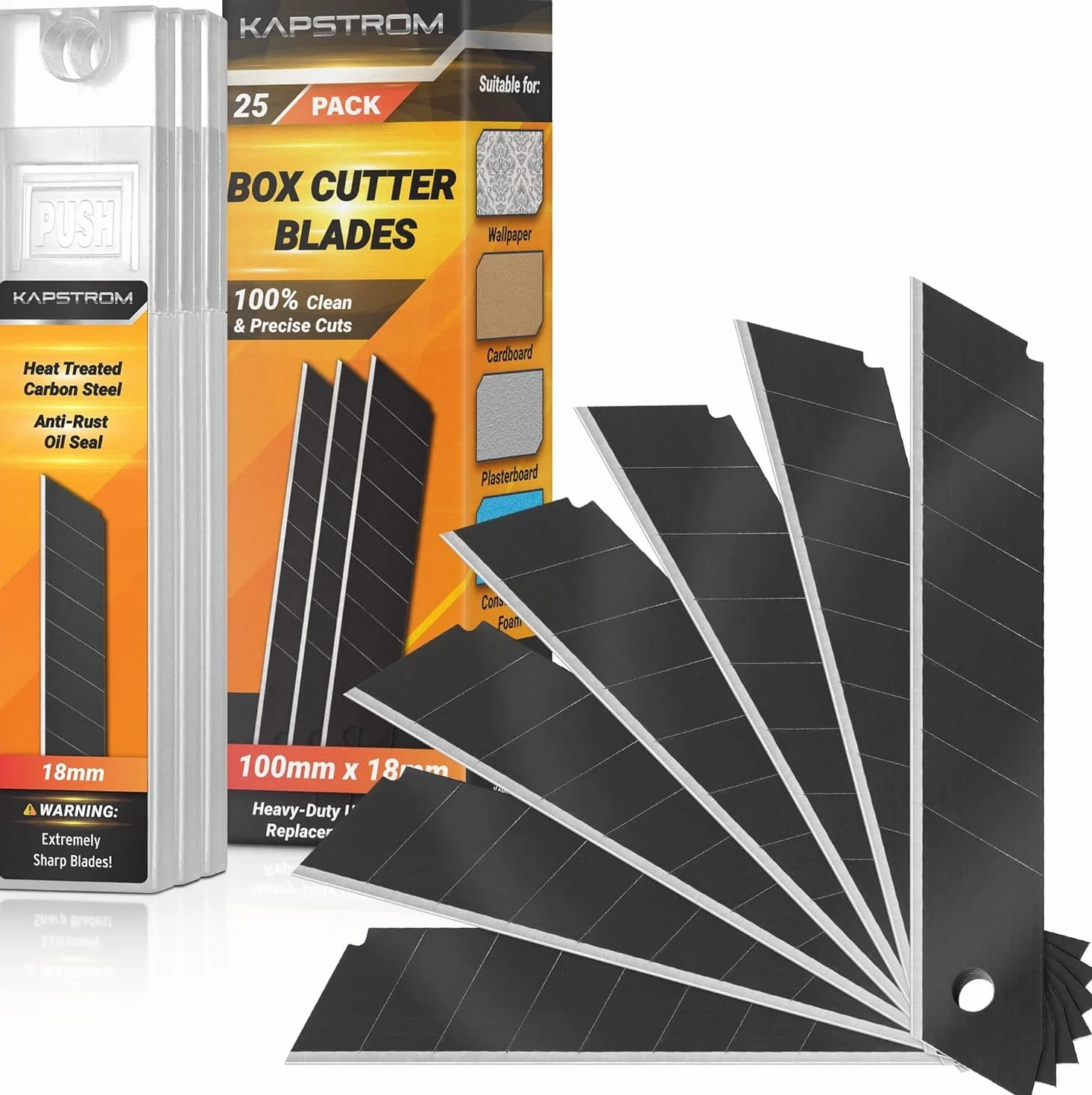 Box Cutter Blades (Black, 25 PK), Sharp Utility Knife Replacement Blades, 18mm Heavy-Duty Carbon Steel Snap-Off Blades