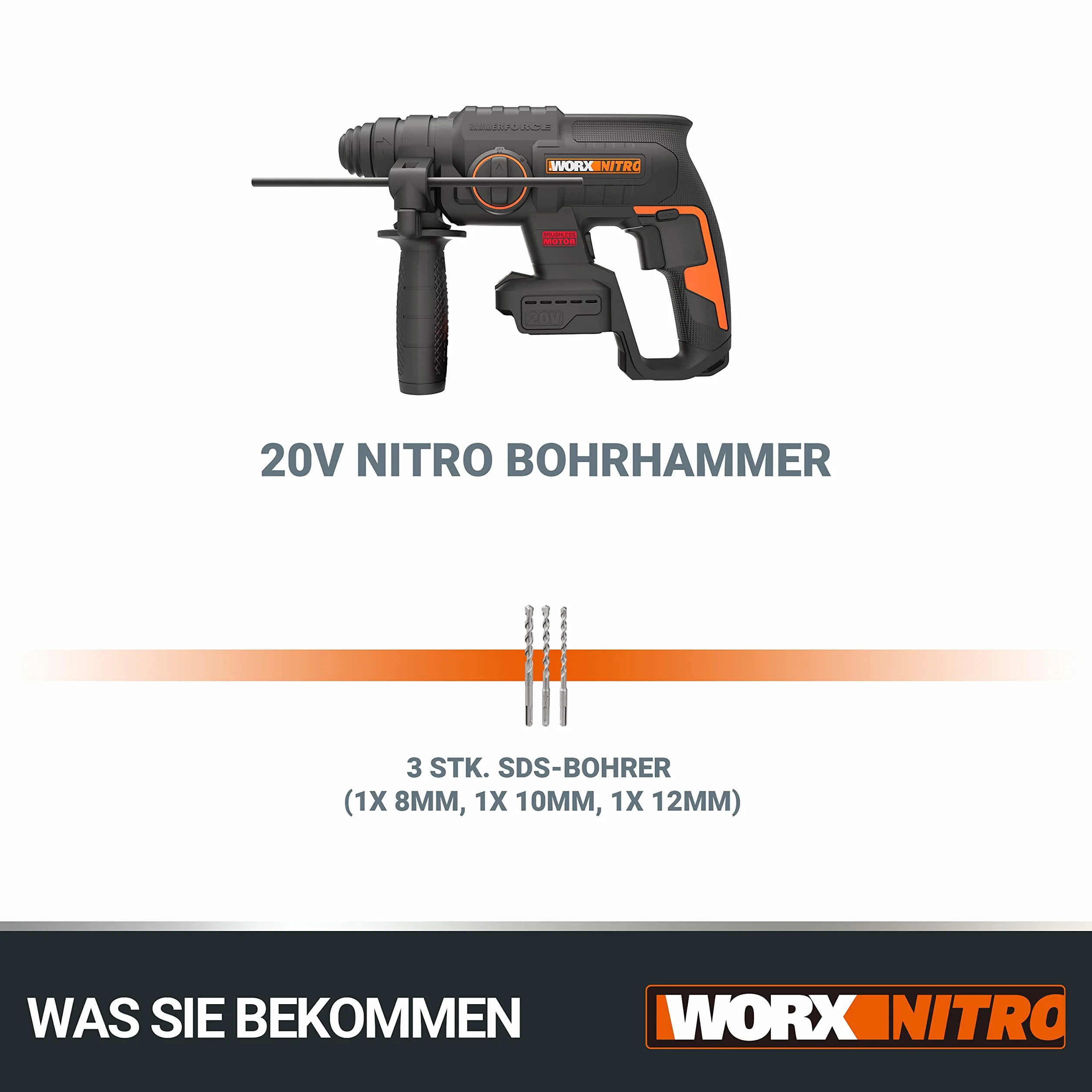 WORX Bezprzewodowy dziurkacz bezszczotkowy 20V WX381.9, 2J, 3 w 1, wiercenie, wiercenie, dłutowanie we wszystkich materiałach, antywibracje, dostarczany bez baterii i ładowarki, z akcesoriami