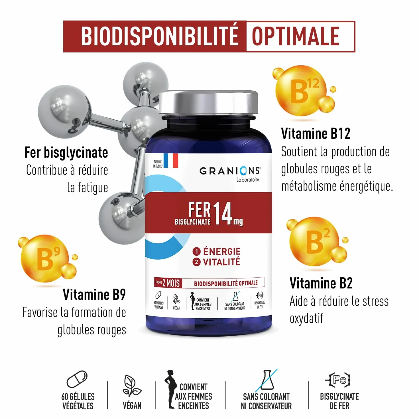 Bisglycinate żelaza 14 mg + Witamina B | Energia i witalność | 100% zalecanego spożycia | Optymalna biodostępność | Kobiety w ciąży | 60 kapsułek = 2 miesiące | Granions