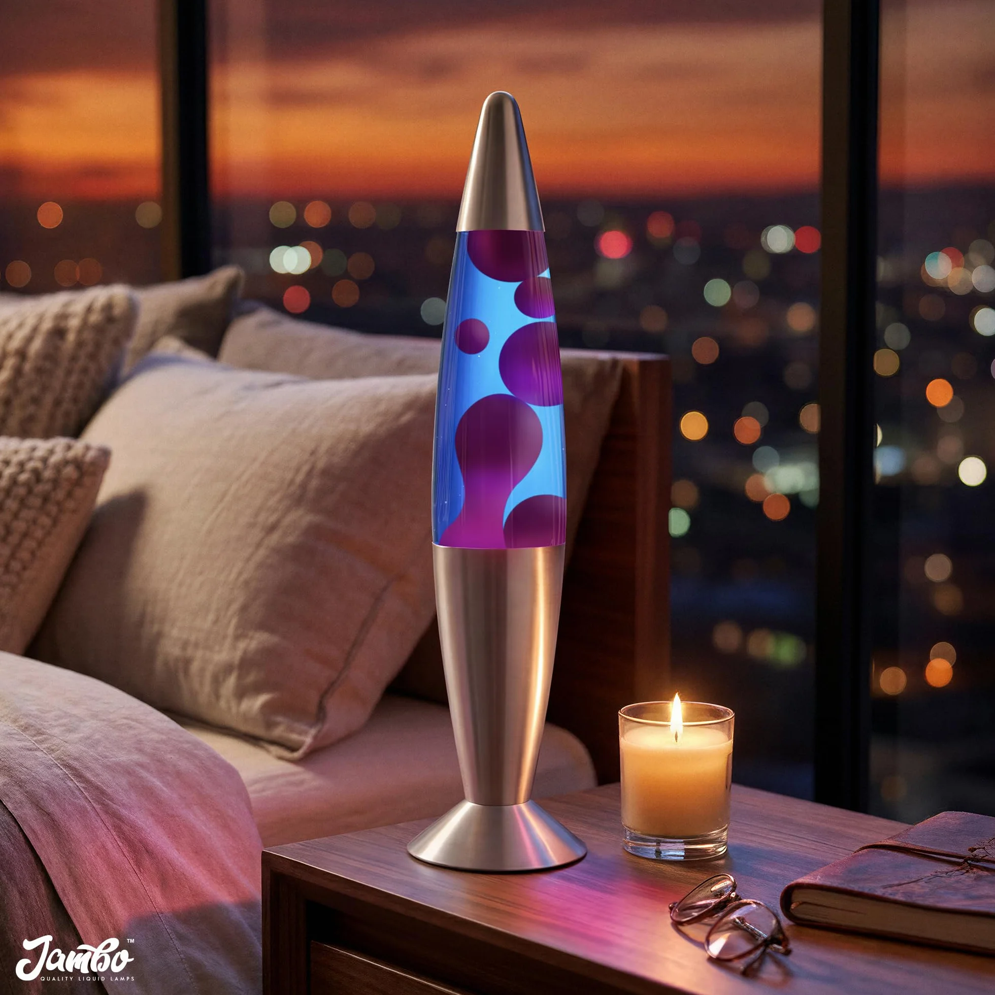 Jambo piękna lampa płynna, niebieska z fioletowym woskiem, relaksująca lampka nocna i dekoracyjna lampa do salonu, biura, sypialni, dla dorosłych i dzieci, Magma Motion
